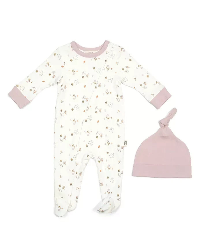 Rabbit + Bear 100% Organic Cotton Baby Girls 2pc Coverall and Knot Cap Set