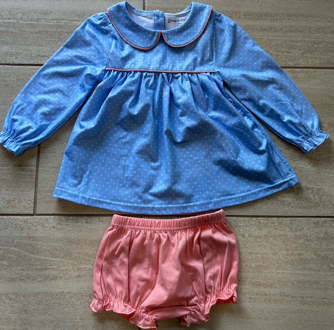 Periwinkle Polka Dot Long Sleeve Collared Set W/ Peach Bloomers 2T