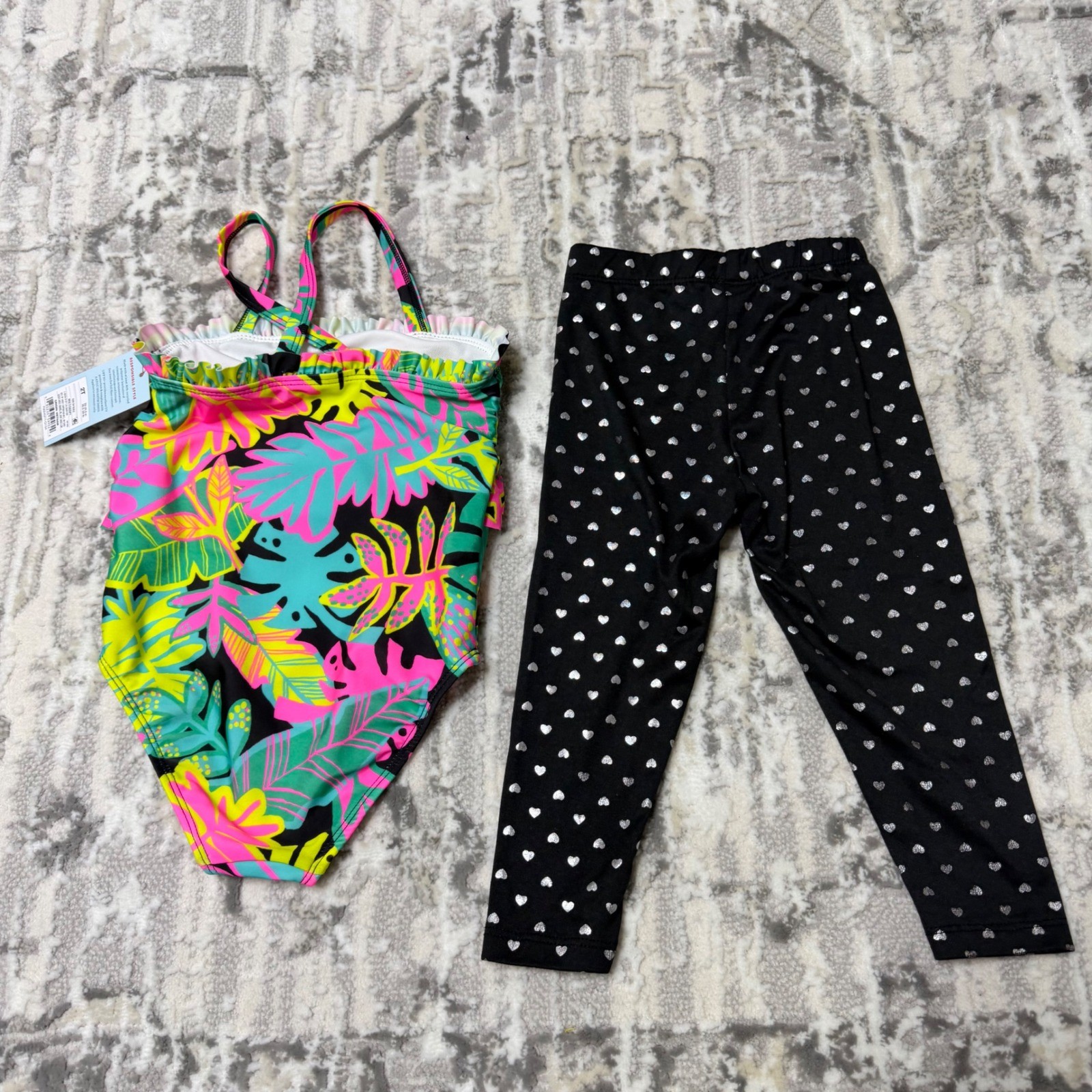 Cat & Jack Girls Lot 2pc 2T Toddler 24M Tropical Swimsuit NWT and Heart Leggings