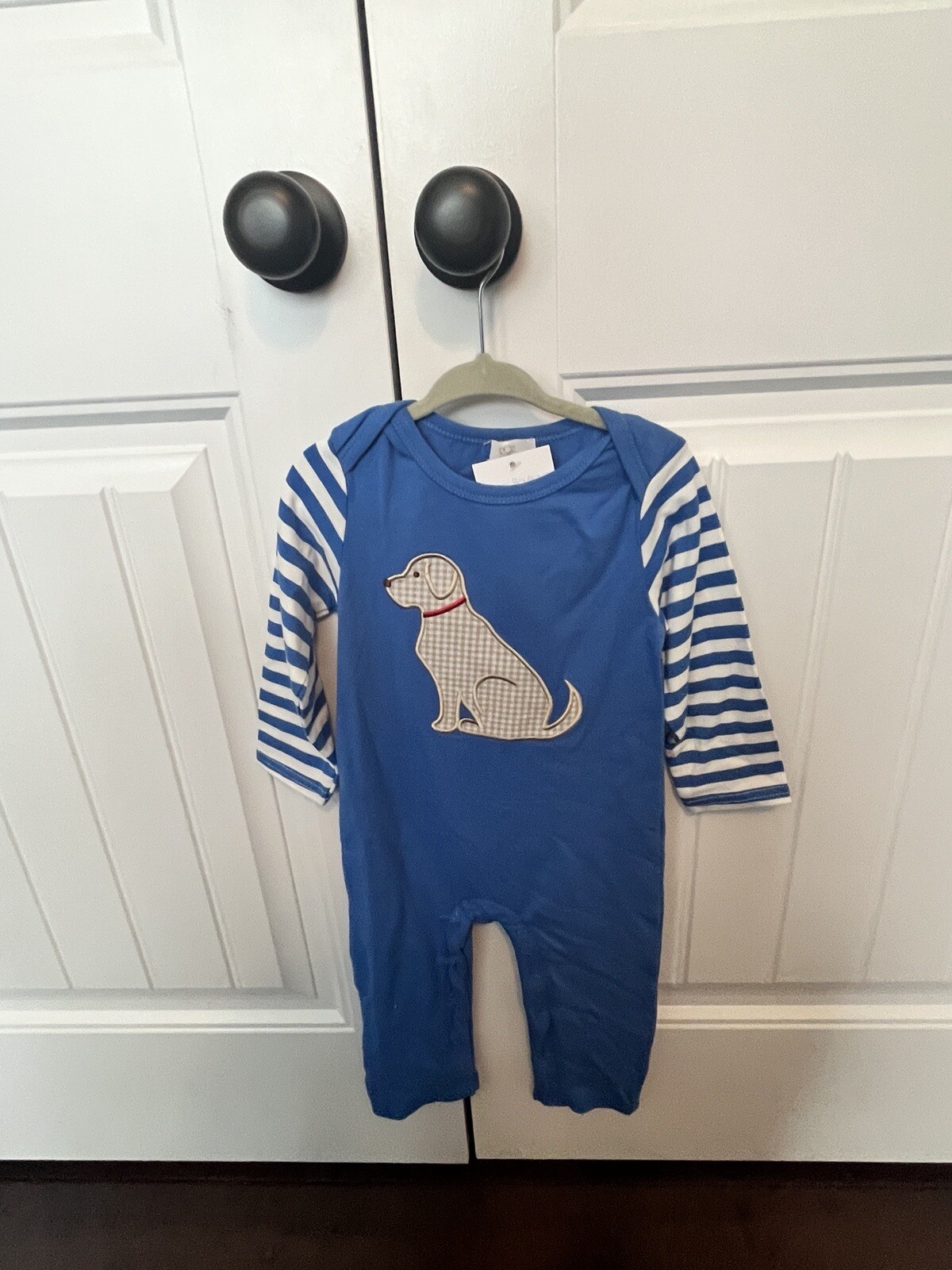 NWT Honeydew Boutique Dog Embroidered Jumper / Romper Set Blue / White 18/24 Mth