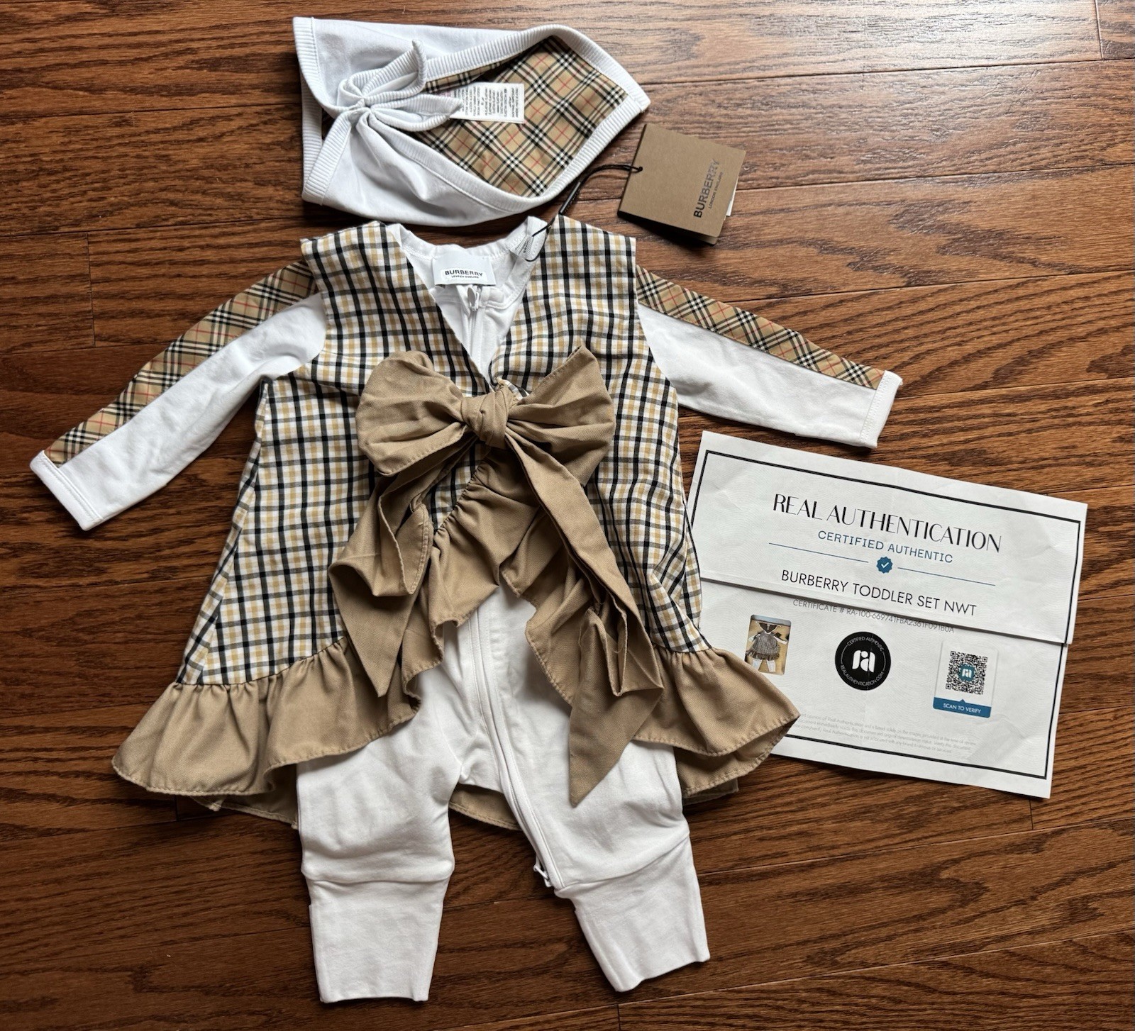 Burberry Baby Mini Check Panel Romper (1M), Ruffle Dress (18M) & Bib Set NWT