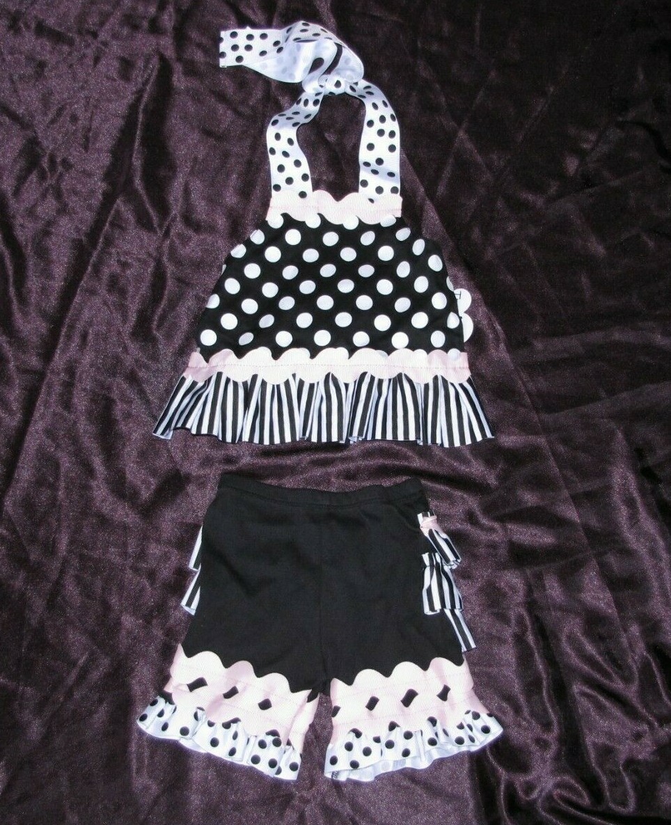 NWT Perfectly Princess Tres Jolie Ruffle Halter Capri Set Black White Pink 0-6