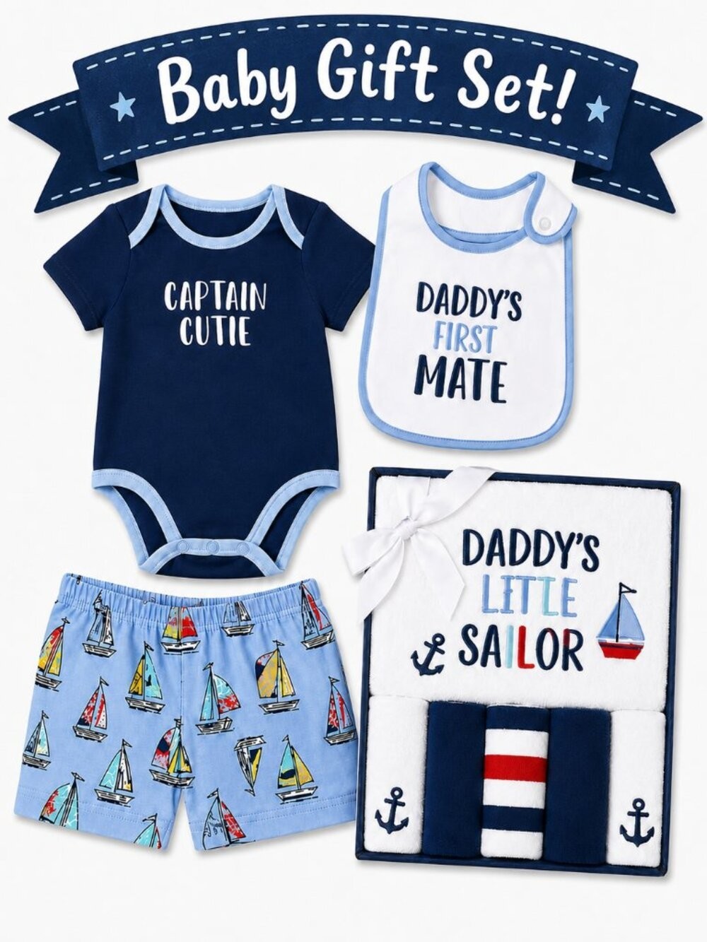 NWT Baby Essentials 12M Nautical Baby Boy Gift Set Captain Cutie Bib Towel