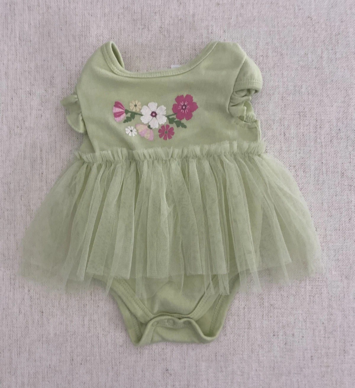 Little Chickadees Dress Girls 3-6M Green Floral Tulle Skirt Short Sleeve Snap