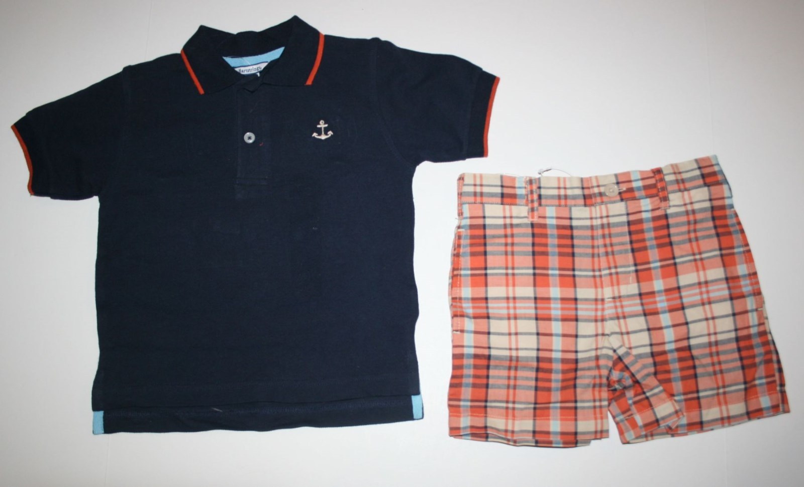 New Hartstrings 3T Boys 2 Pc Outfit Handsome Anchor Top Orange Plaid Shorts