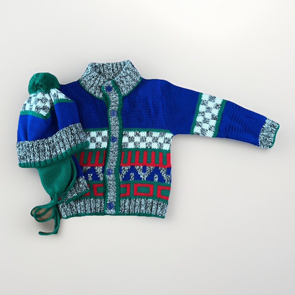 NWT Vintage Acrylic Knit Baby Outfit 2 Piece Set Blue 12 Month Sweater & Hat