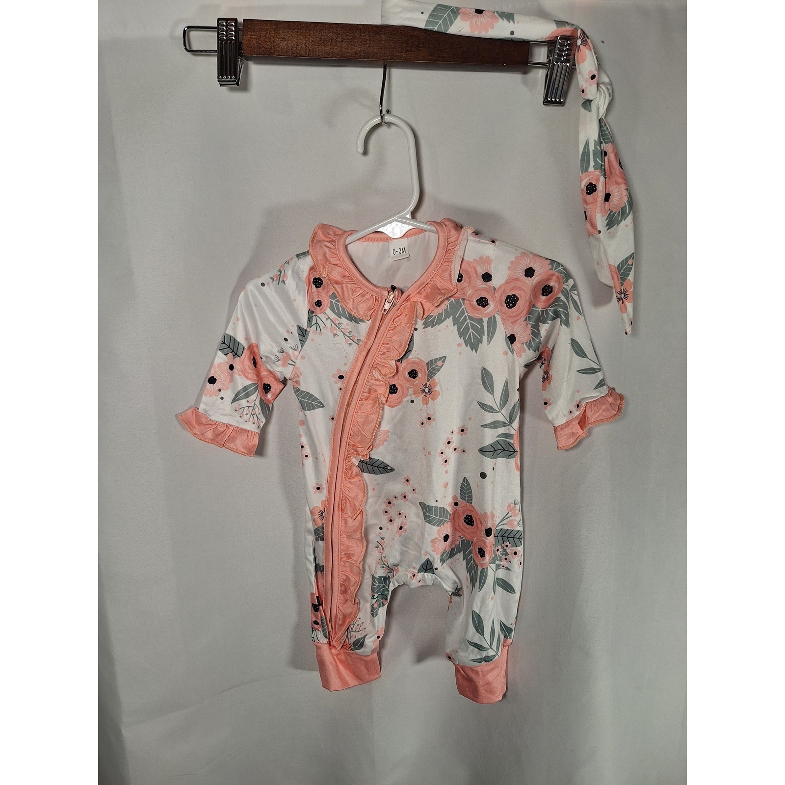 Baby Girl Floral Ruffle Romper Jumpsuit Headband Set 0-3 Months White Pink