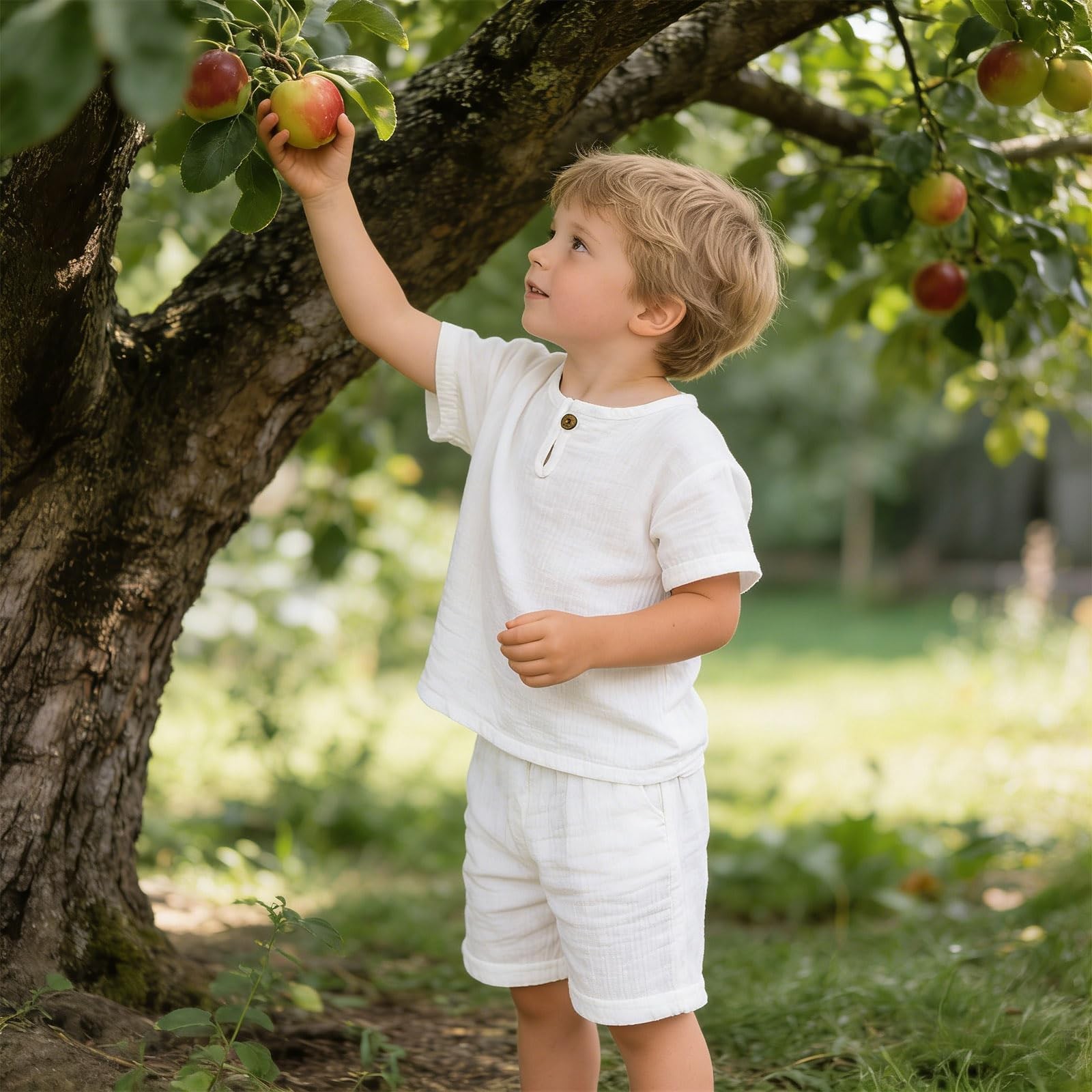 Boys 12-24 Months Linen Cotton 2 Piece Outfit, Henley Short Sleeve Top & Elas…
