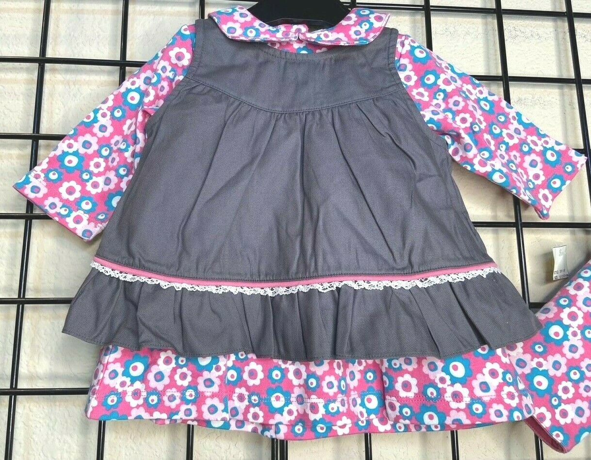 NEW NWT 3PC Pink/Blue/White Flowers Dress/Pinafore/Padded Bunting Set 6M (6/9M)