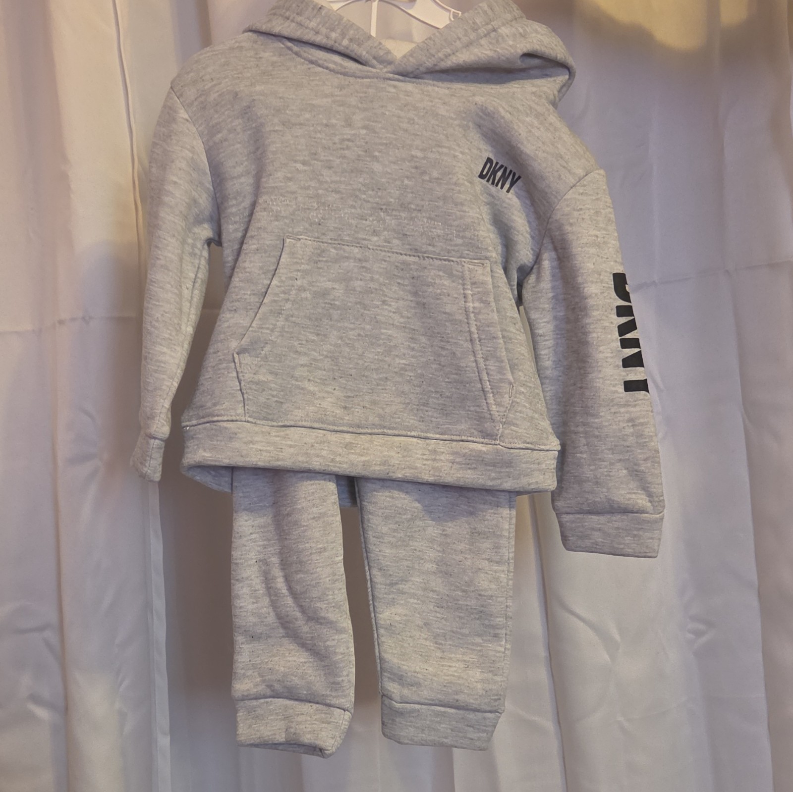 DKNY Boys 24M Gray 2pc Hoodie & Pants Set Fleece Cotton Logo Elastic