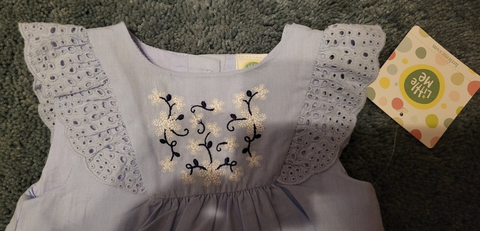 Girls Little Me Infant Summer 2 piece Pant Set, 9 Months, Eyelet, blue/white NWT