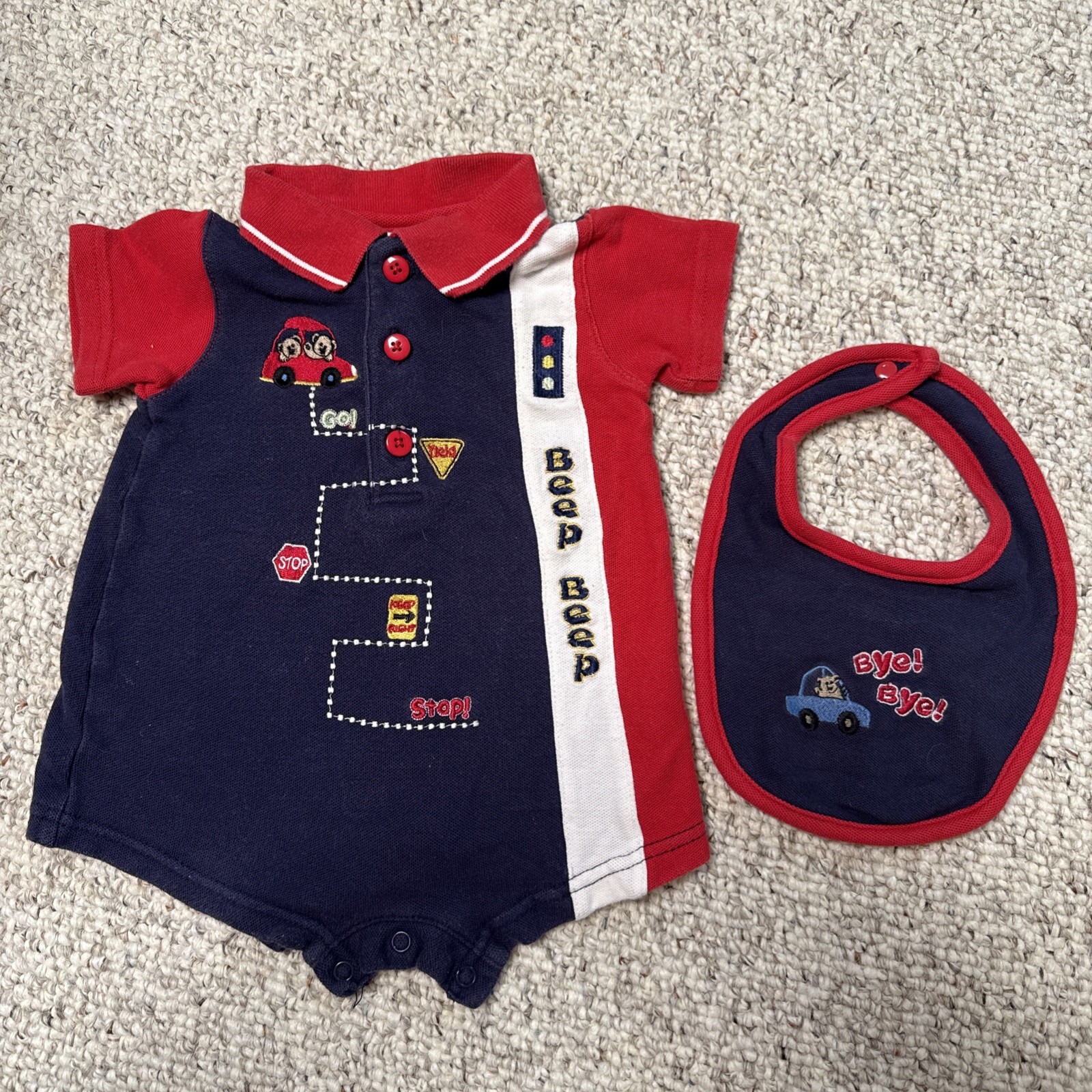 Vintage Okie Dokie Baby Boy Romper Outfit & Matching Bib | 3-6 Month | Cars