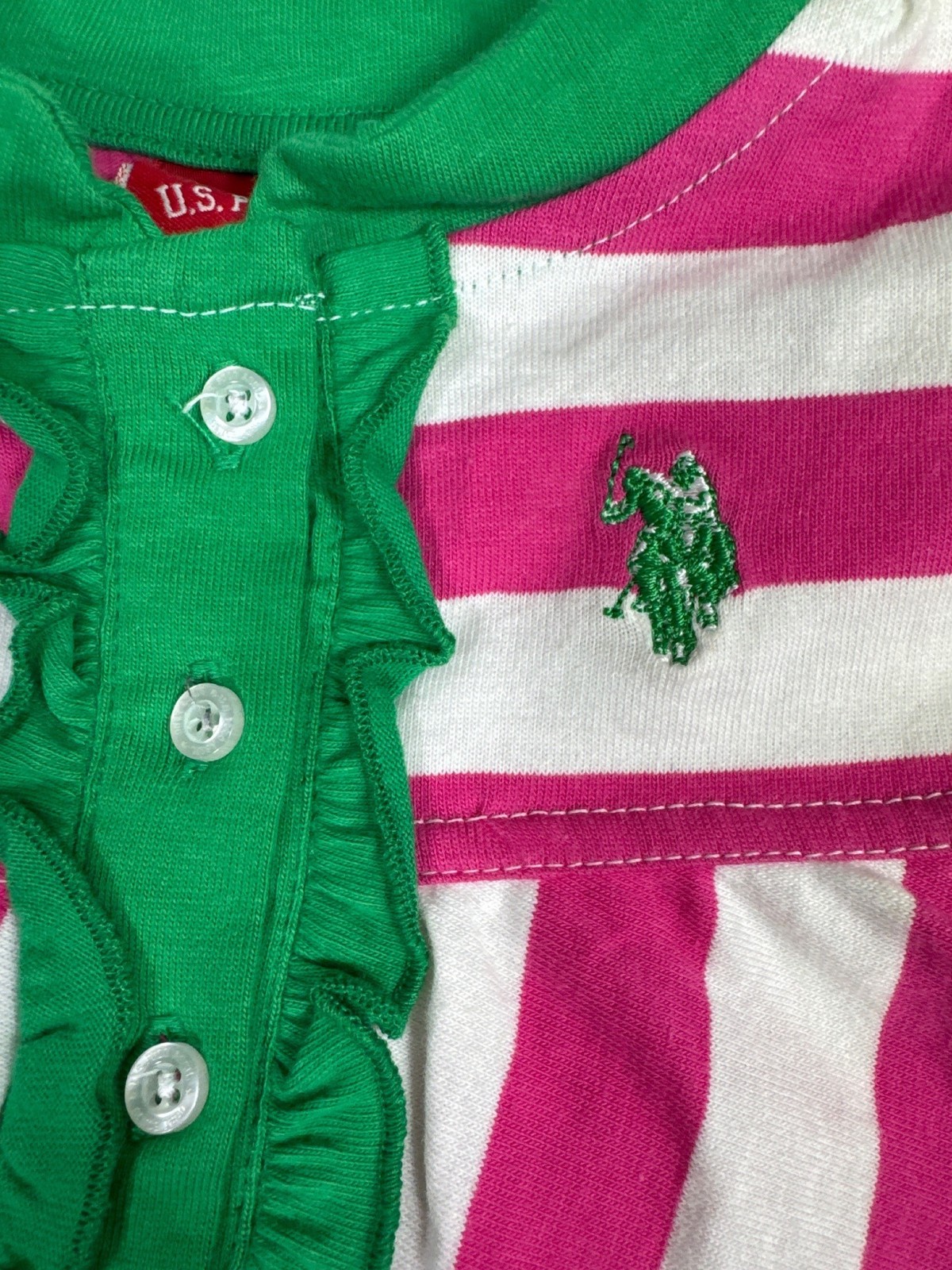 U.S. Polo Assn. Baby 2-Piece Striped Dress W/Leggings 18M Pink/Green Horse