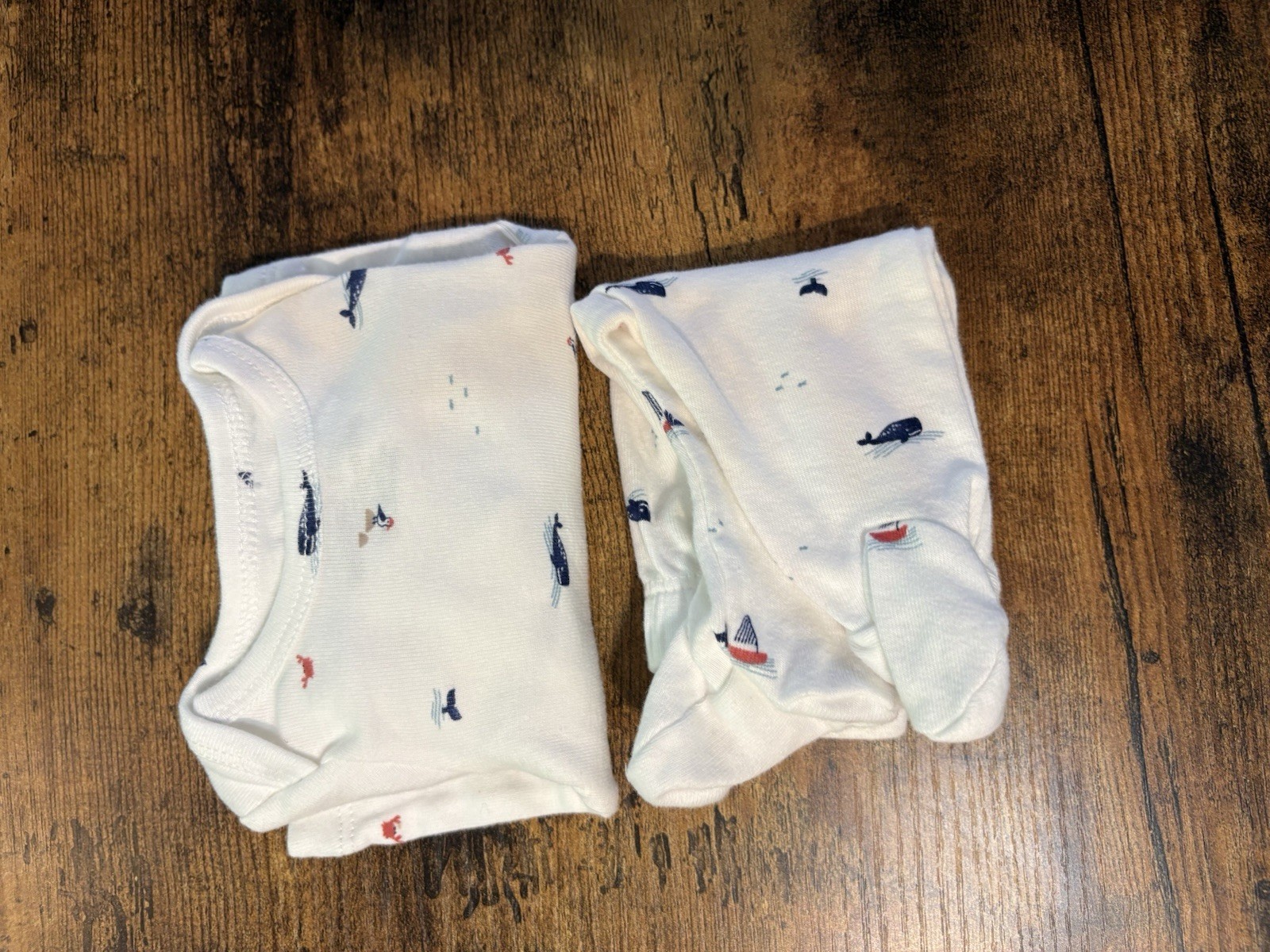 Preemie Baby Matching Set White Whale Print Footed Pants & Long Sleeve Shirt EUC