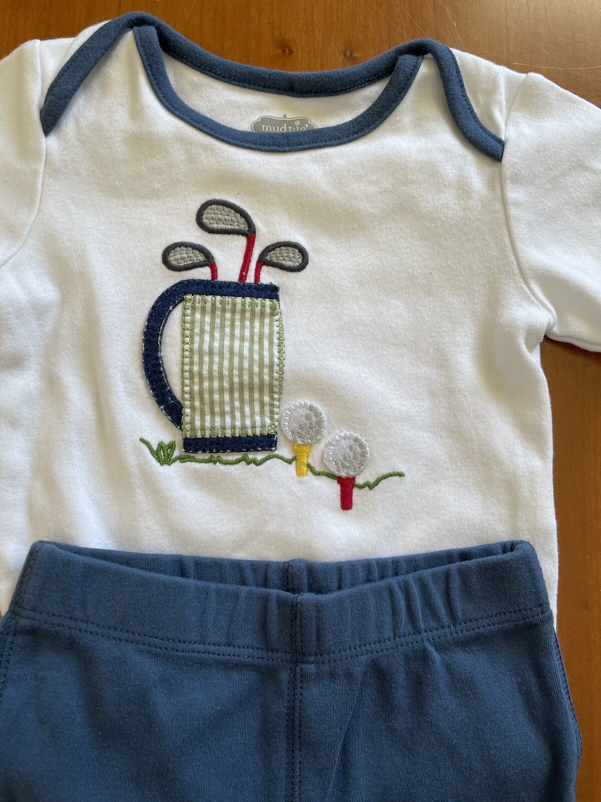 Mudpue EUC White/Blue Golf Theme 100% Cotton Knit Bodyshirt & Pants-9-12Mos