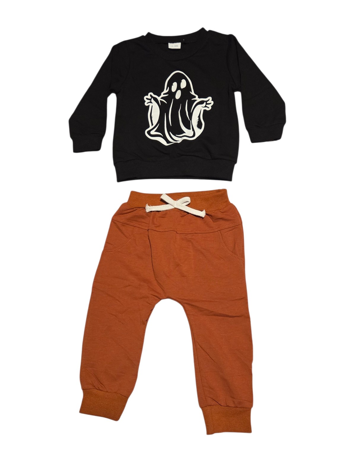 Halloween Baby Black Ghost Sweatshirt w/ Orange Pants Size 12-18 Months