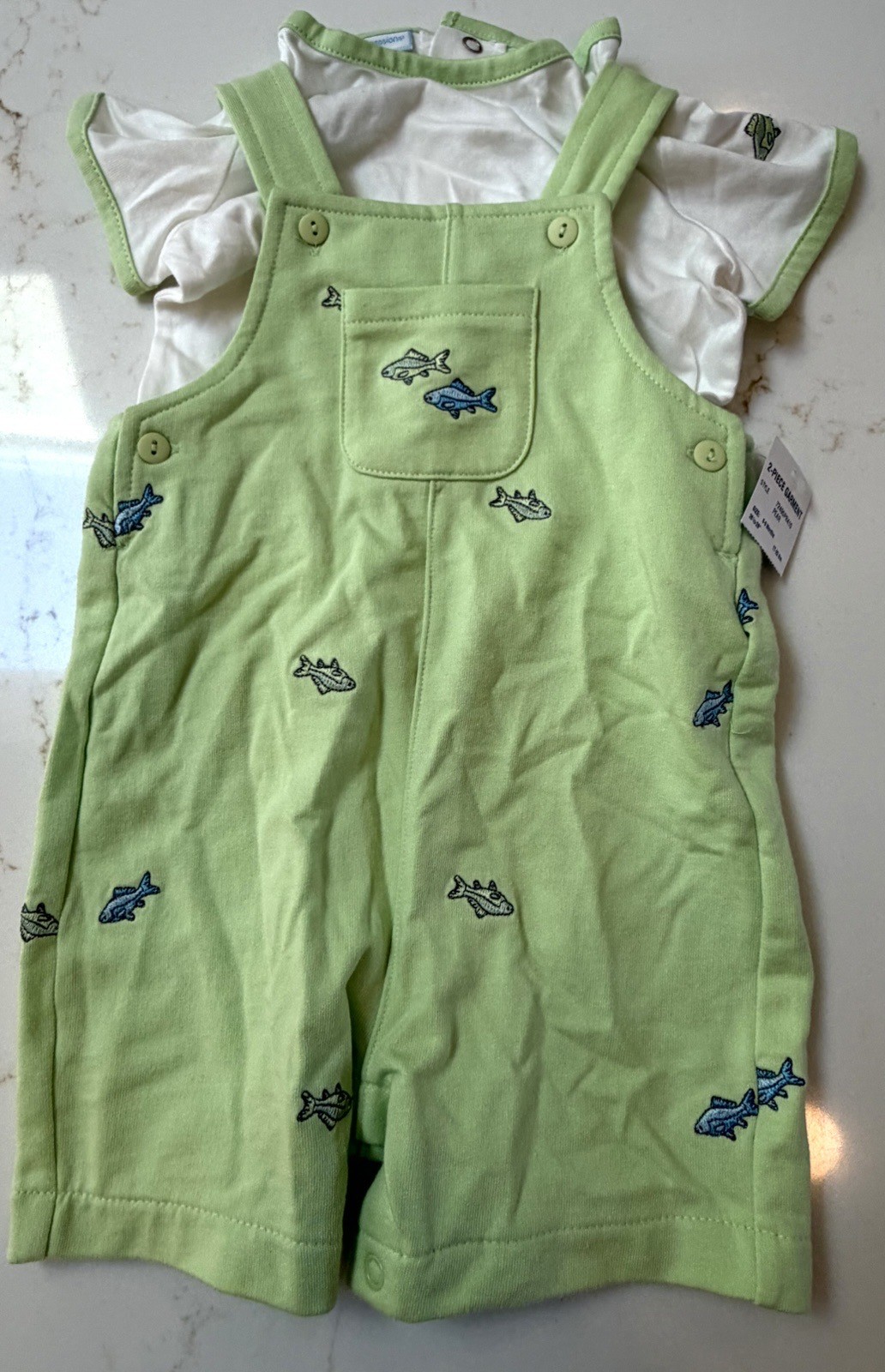 NEW First Impressions Infant Boys 6-9 M Embroidered Fish Shortall & T-Shirt Set