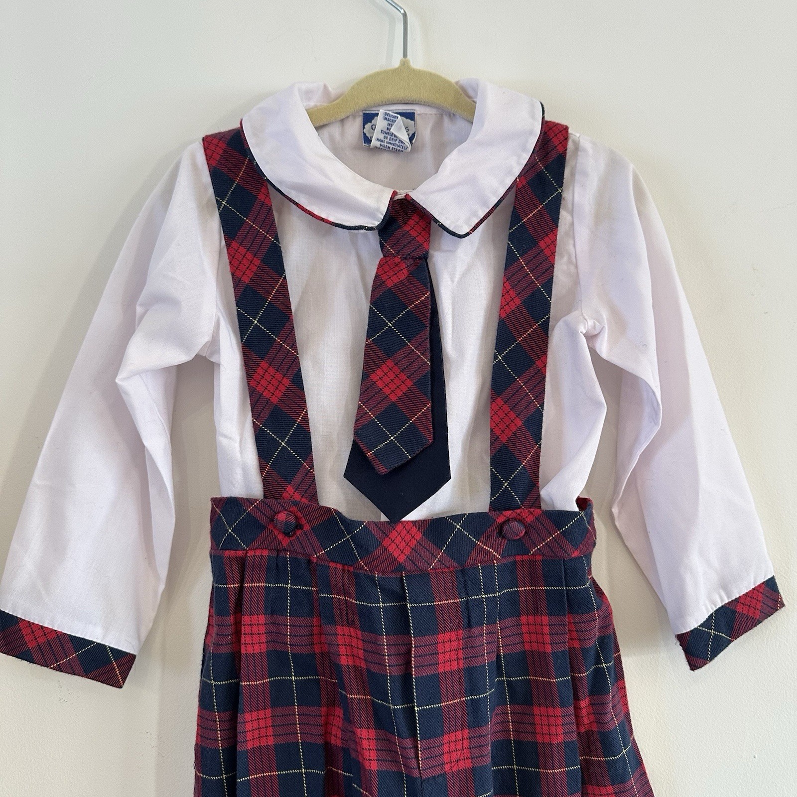 VTG Baby Boy Red Blue Tartan Plaid Suspended Pants Outfit 24 Mos Christmas 90’s