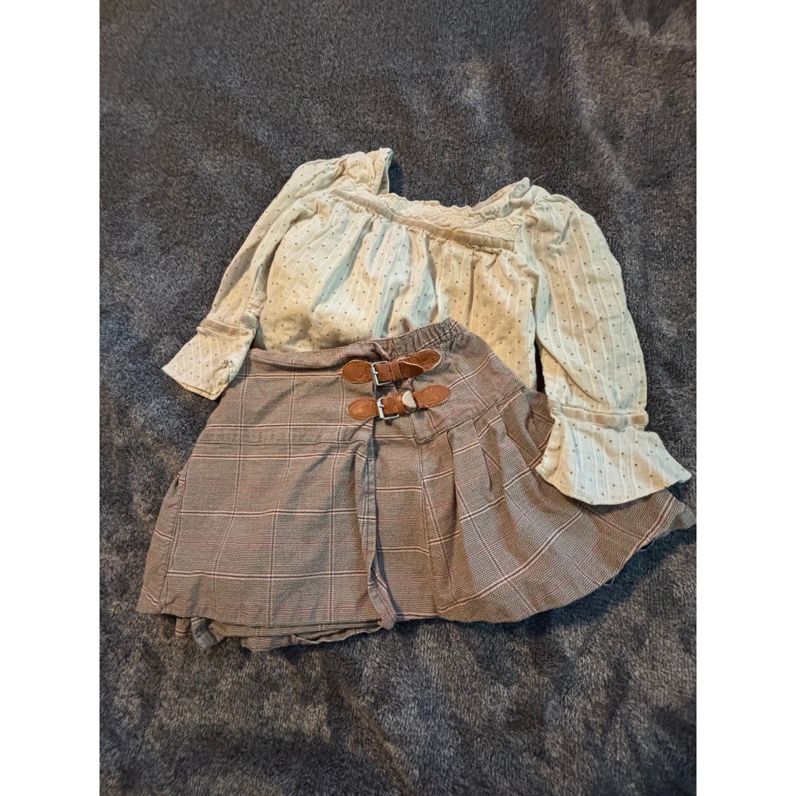 Baby Gap Toddler Girls Blouse and Plaid Skirt Set 3T Cream Brown 2 Piece Outfit
