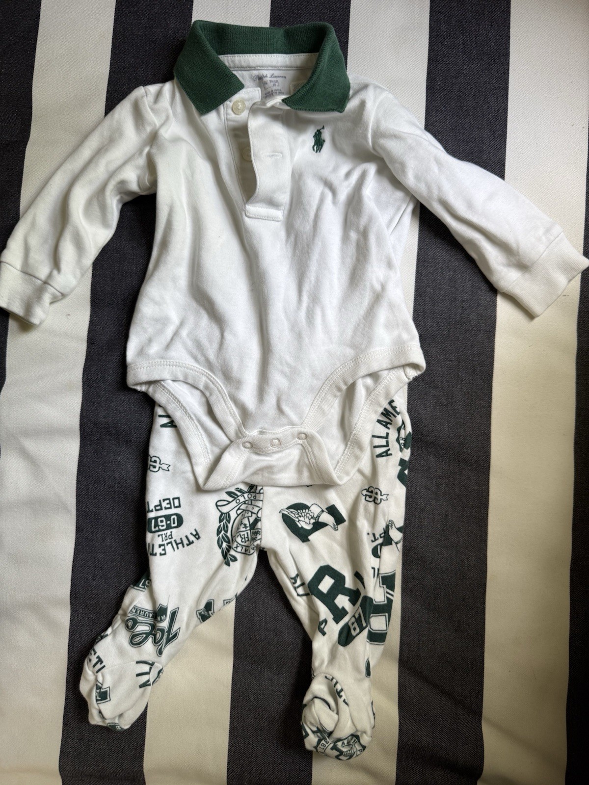 Ralph Lauren Baby 2pc Set 3m White Polo Bodysuit Green Footed Pants Logo