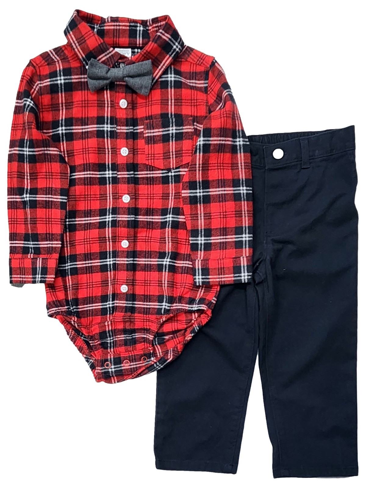 Carters Infant Boys Red & Black Plaid Bodysuit Gray Bowtie & Black Pants 24m