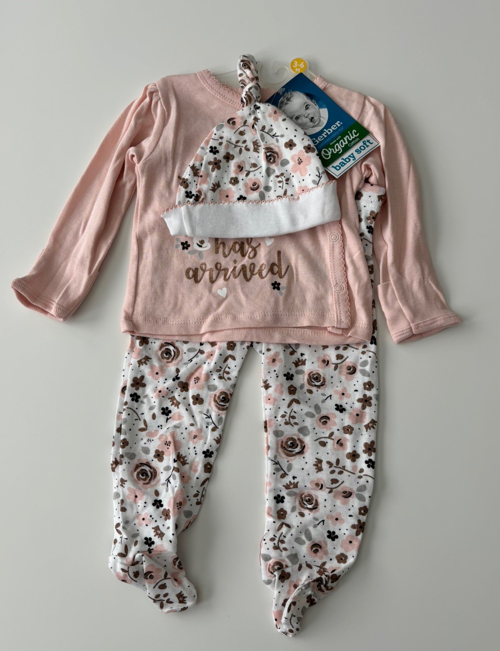 NWT Gerber Organic Cotton 3pc Take Me Home Set Princess 3-6 Mo Pink Floral