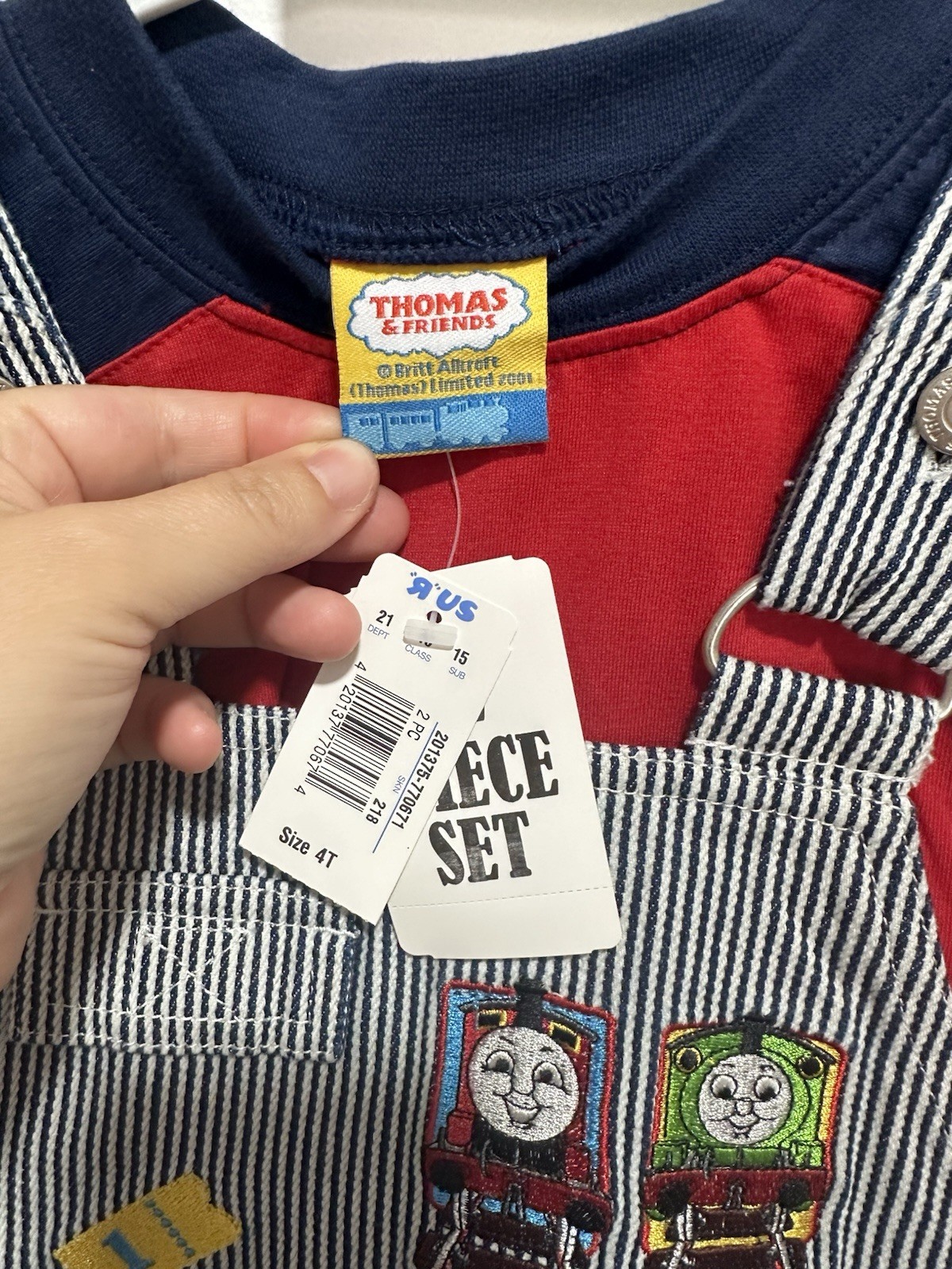 Thomas & Friends Boys 4T 2pc Denim Striped Overall Shorts & Red Tee Thomas