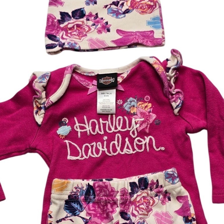 Harley Davidson Baby Girls Floral Ruffle Top Leggings Beanie Set Pink 3/6M Y2K