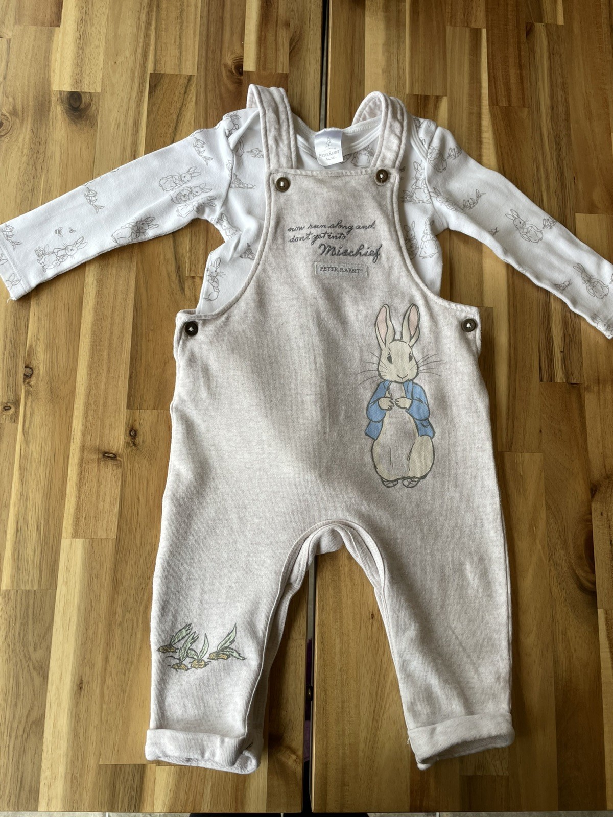 Peter Rabbit Two Piece Beige Unisex Baby Dungarees Size 6-9 Months