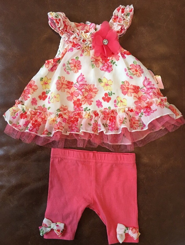 NEW! NANNETTE BABY Floral Lace Top & Legging 2-Piece Set, Size 0-3M Multi Coral