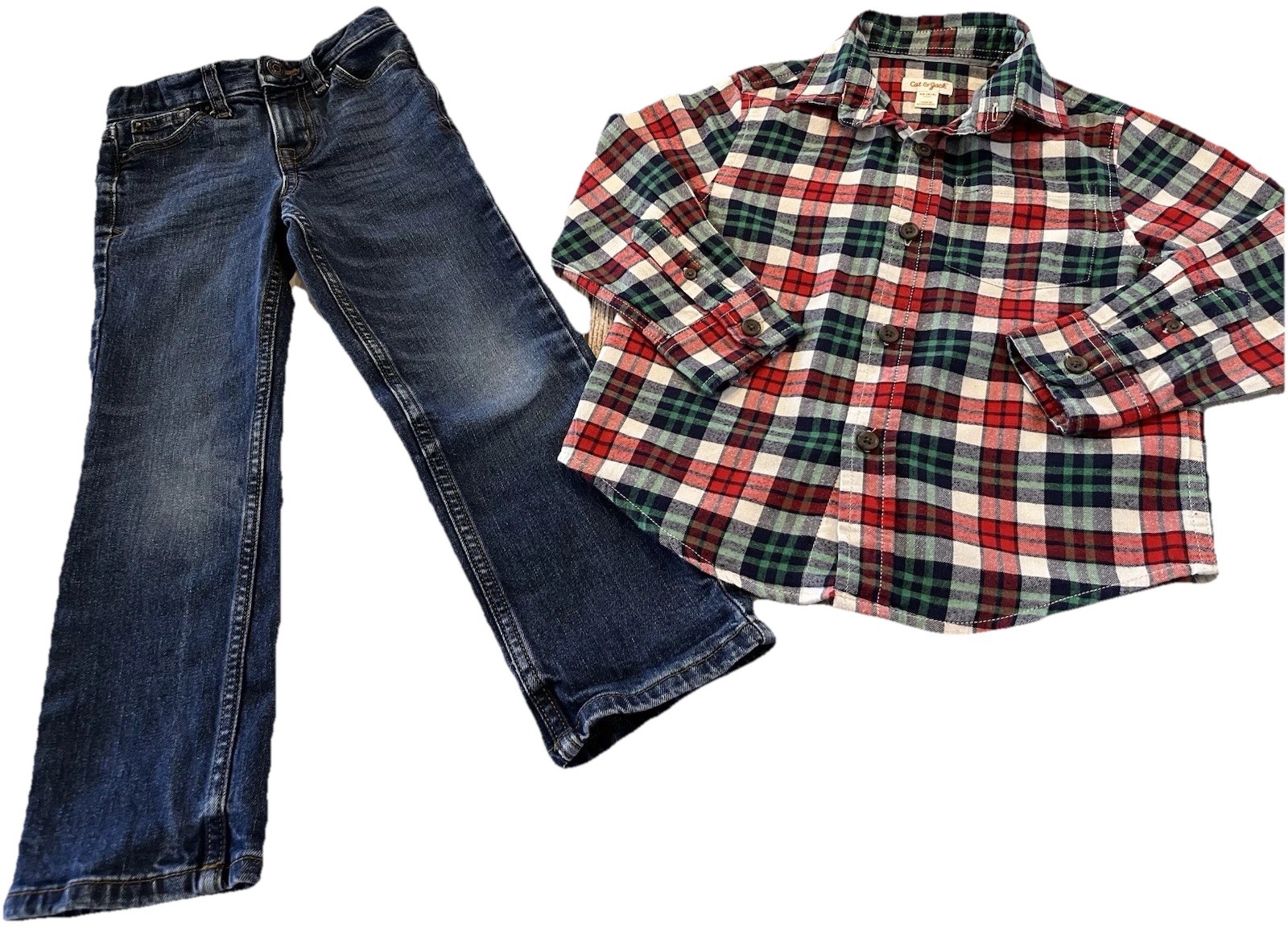 Boy’s Bundle Outfit Set Sz 5 Denim Jeans & Button Down Plaid Shirt Cat & Jack