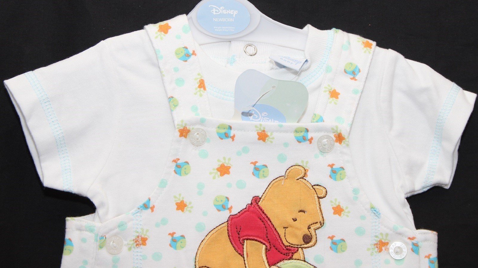 WINNIE THE POOH Baby Boys White T-Shirt & Dungaree Shorts Set Sizes 0-12 Months
