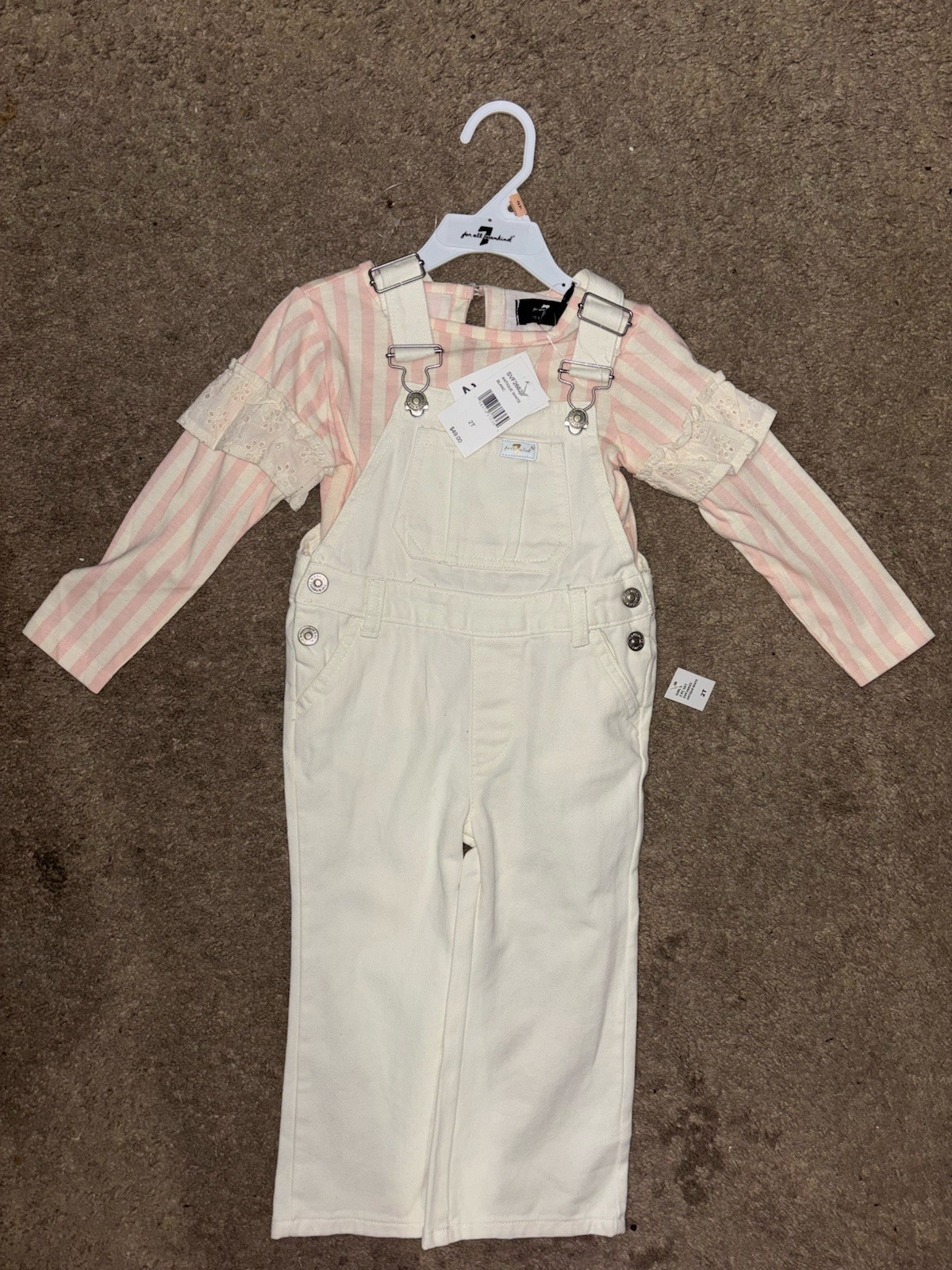 NWT Children Girls Pink Stripe Top White Overalls Set Size 2T Boutique Outfit