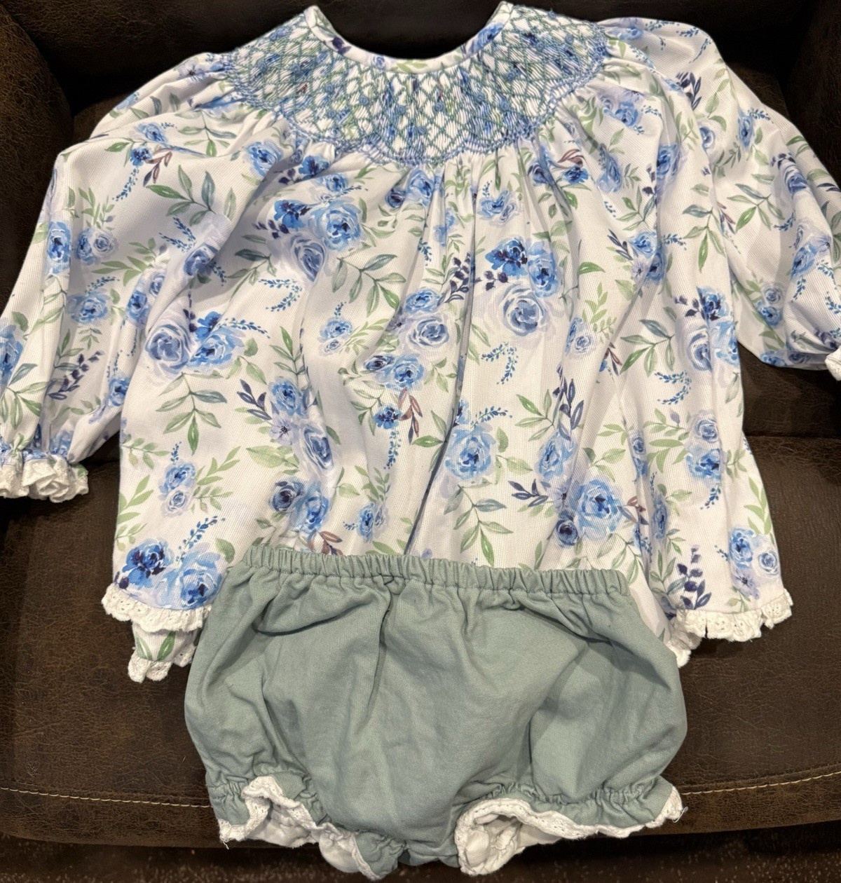 Sweet LaRose Girls 3T Floral Smocked Dress Set Blue Cotton with Bloomers