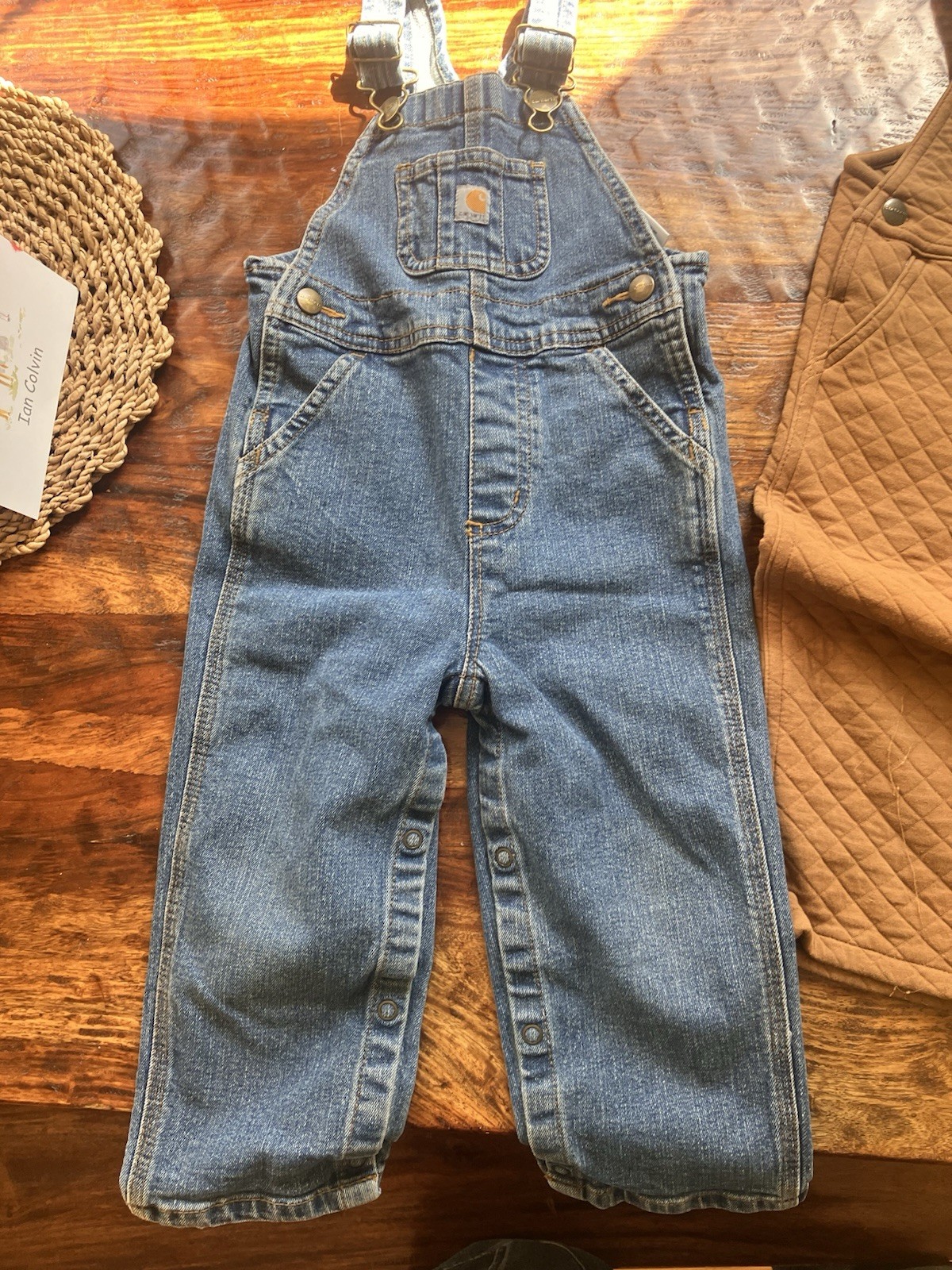 Carhartt 2-Piece Toddler Overalls Set 24M Brown Quilted/Blue Denim Pockets