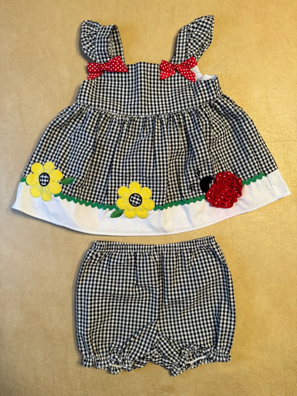 Good Lad Gingham Black & White 2 Piece Outfit Laby Bug Flower Baby Girl 24mo
