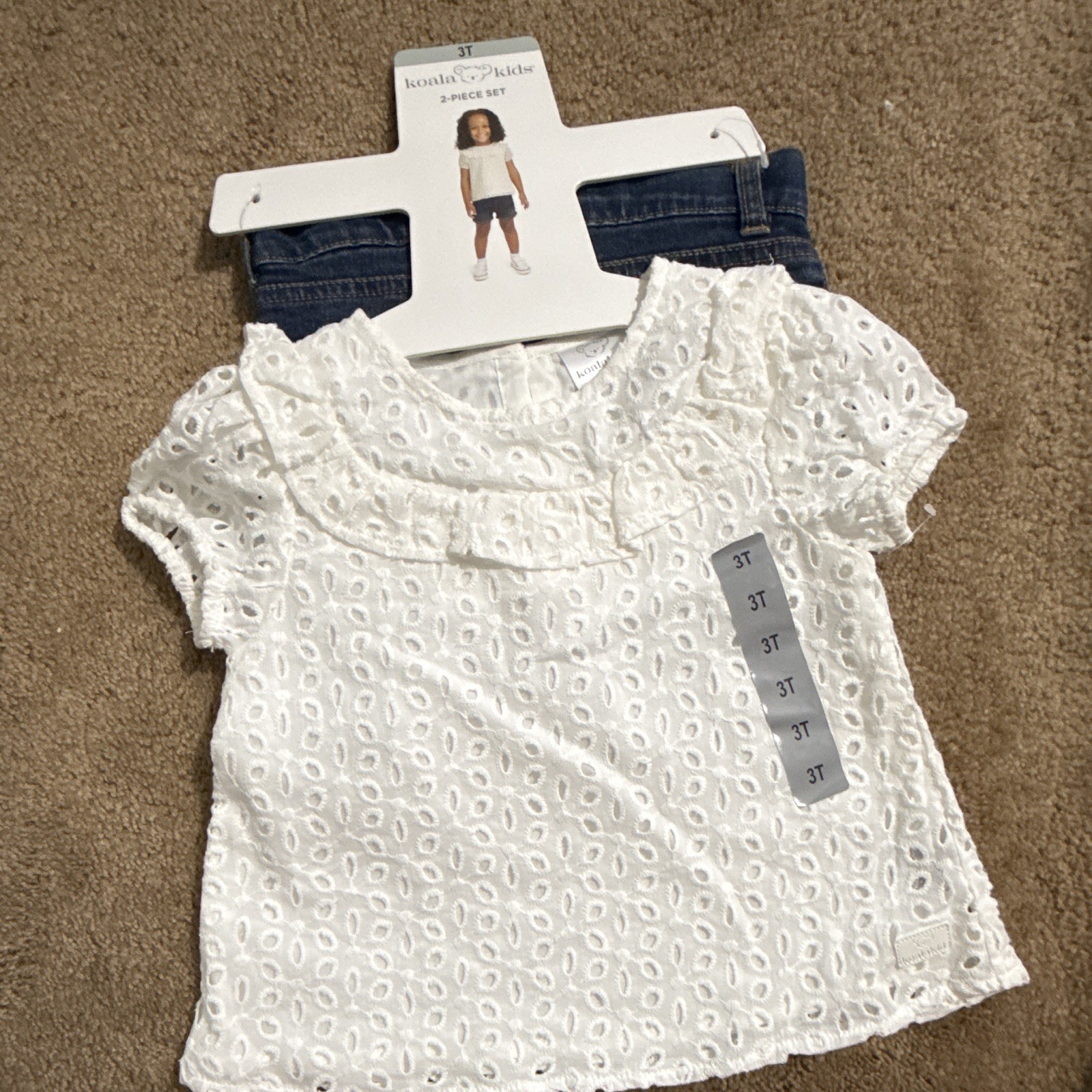 Koala Kids 2 Piece Girls 3T White Eyelet Top Blue Denim Shorts Pockets