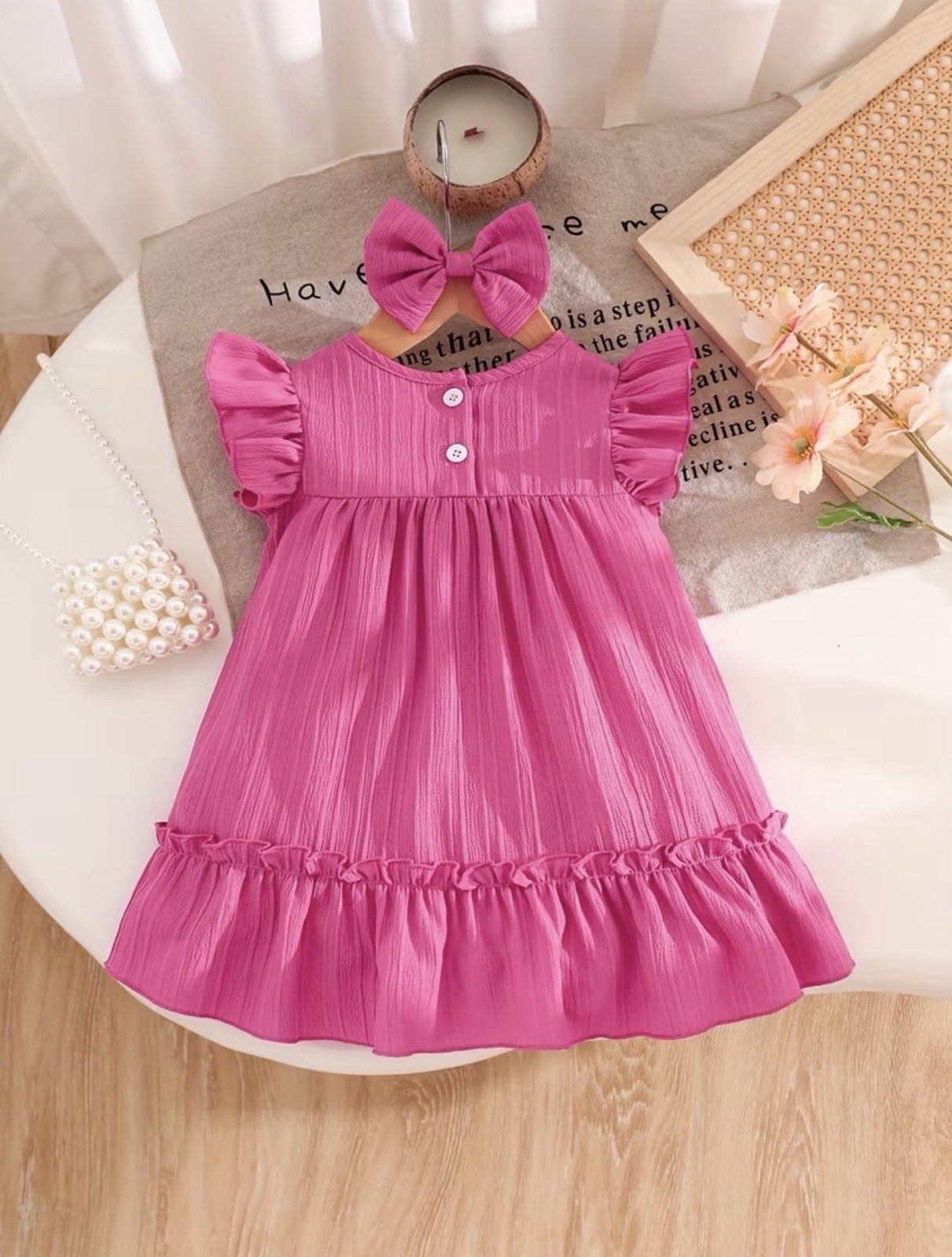 New 2pc Girls Round Neck Short Sleeve A-Line Dress & Headband