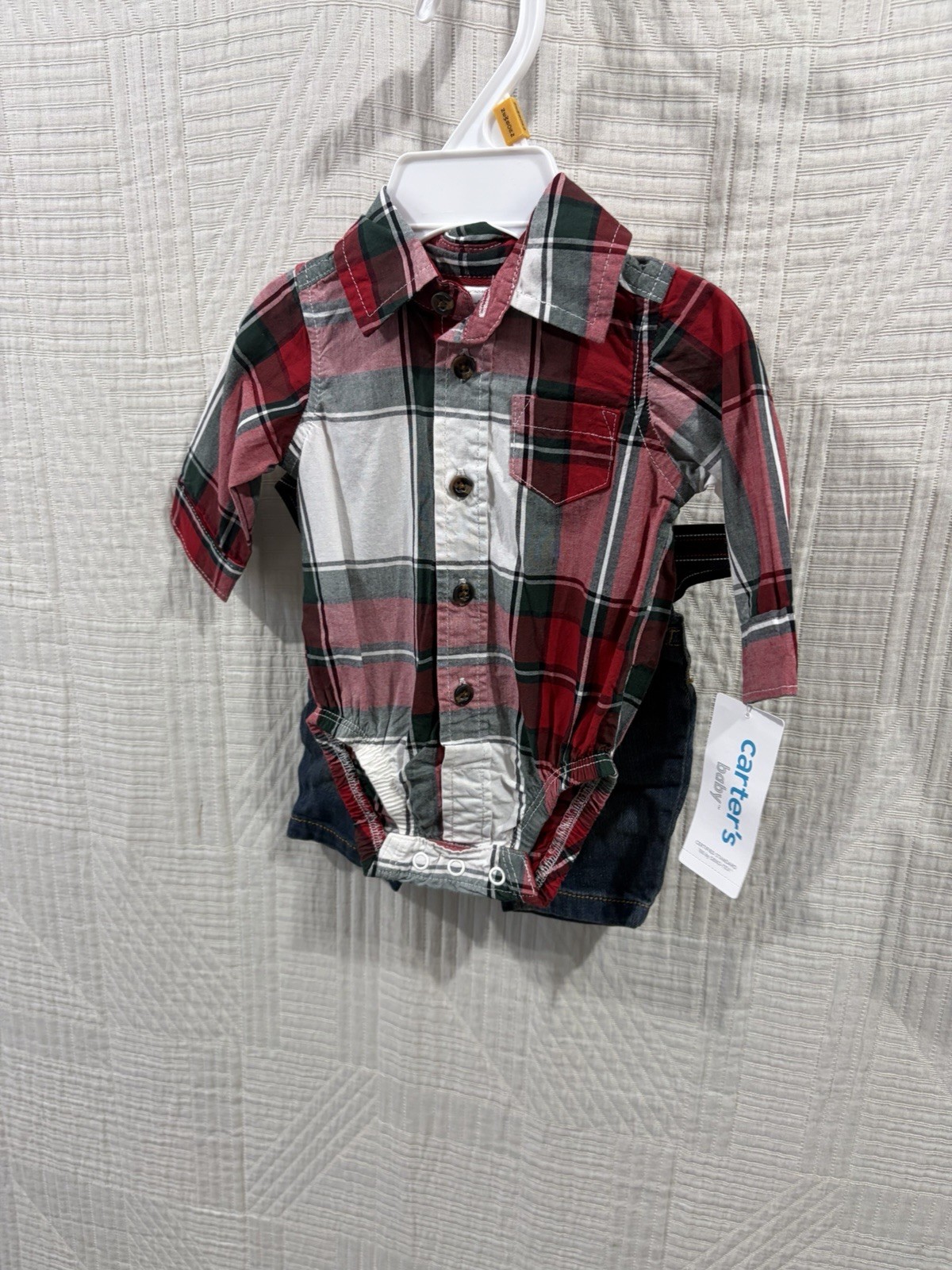 carters baby boy LS Plaid Shirt , Jeans With Suspenders Size Nb New