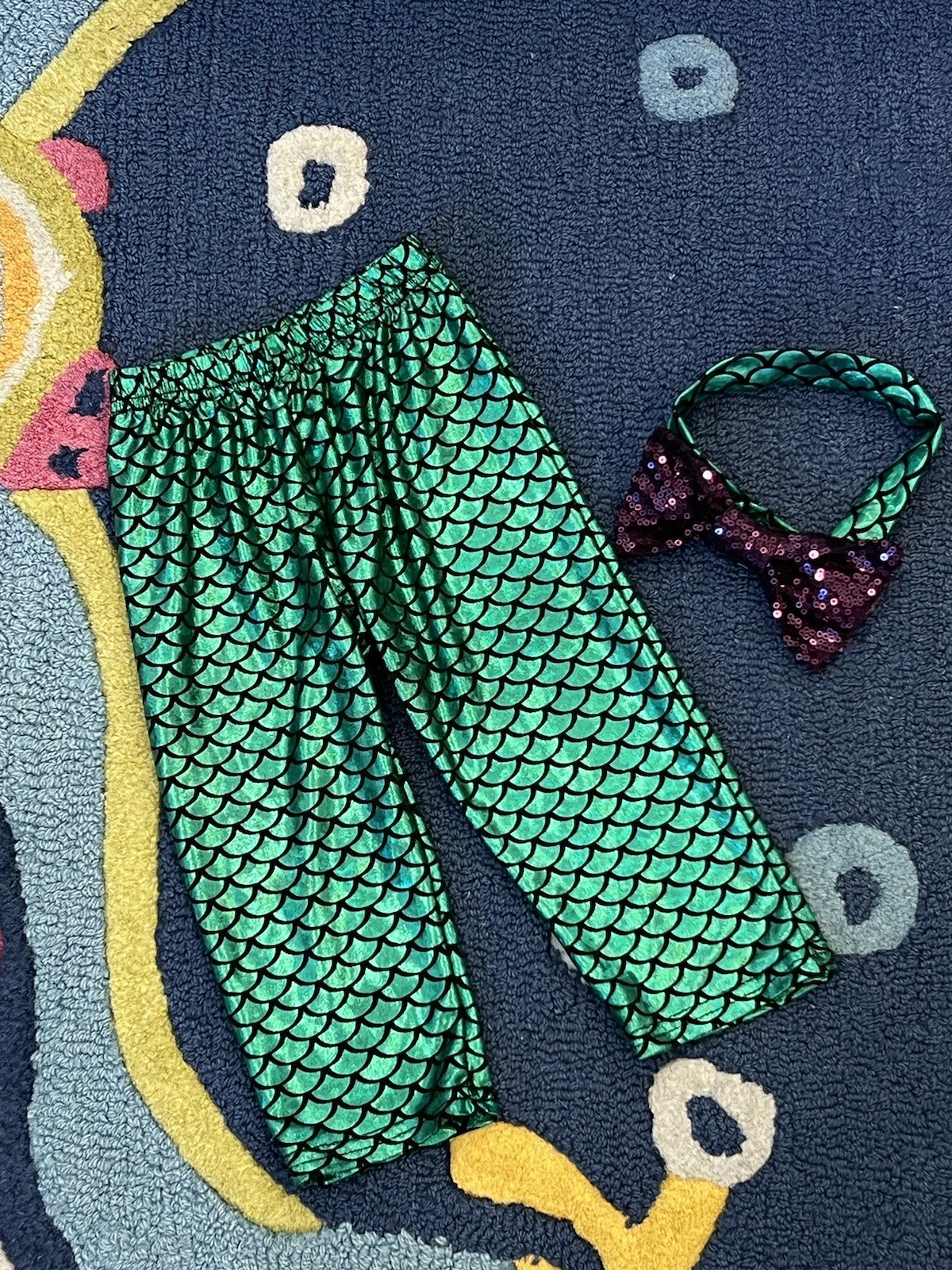 Baby Girls Mermaid Green Shimmer Pants & Matching Purple Sequin Headband Set