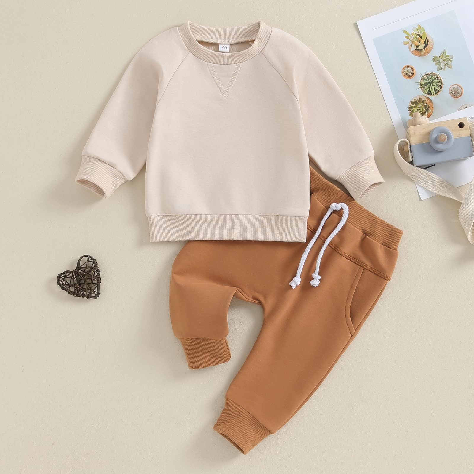 Toddler Baby Boy Clothes Solid Color Long Sleeve 6-12 Months, Beige & Khaki