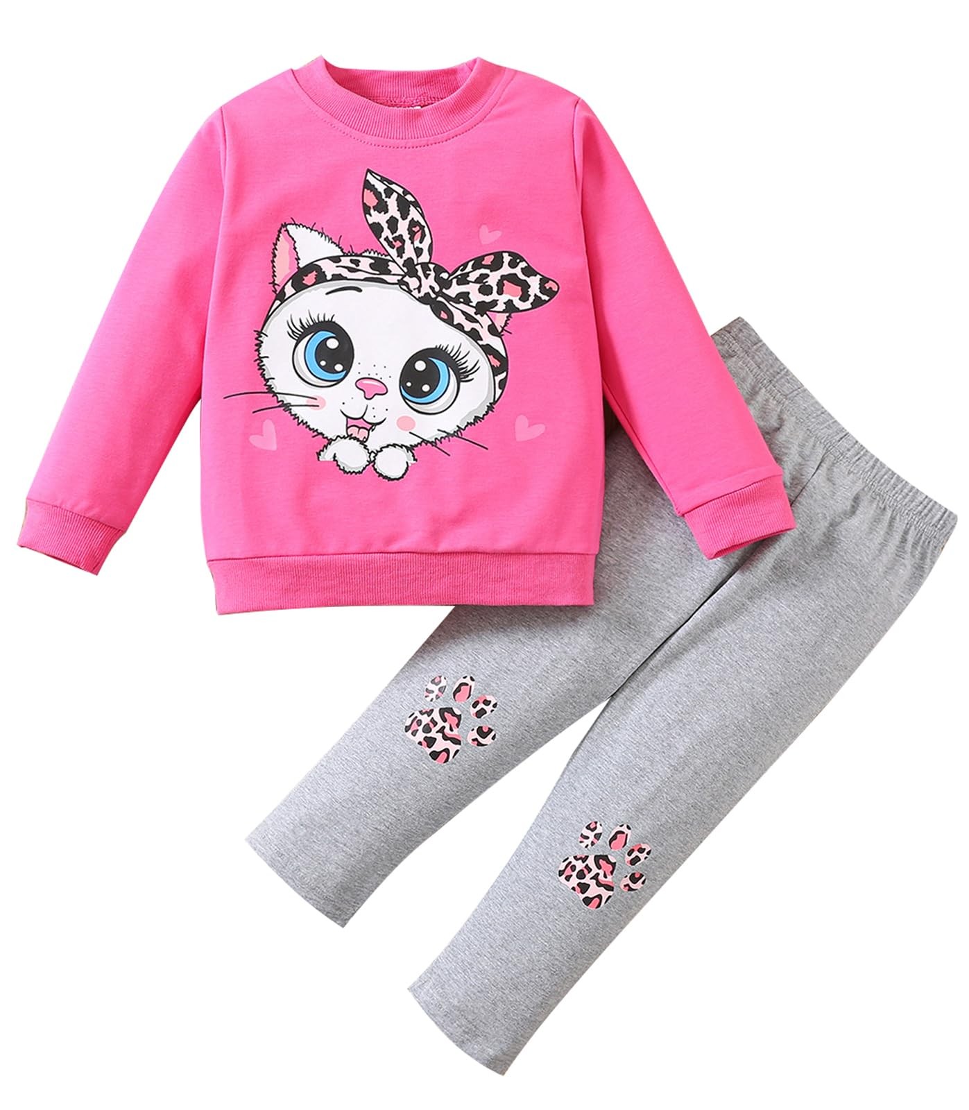 Girls Clothing Set Kitten Cat Long Sleeve Top Leopard Paw Prints Leggings Fal…