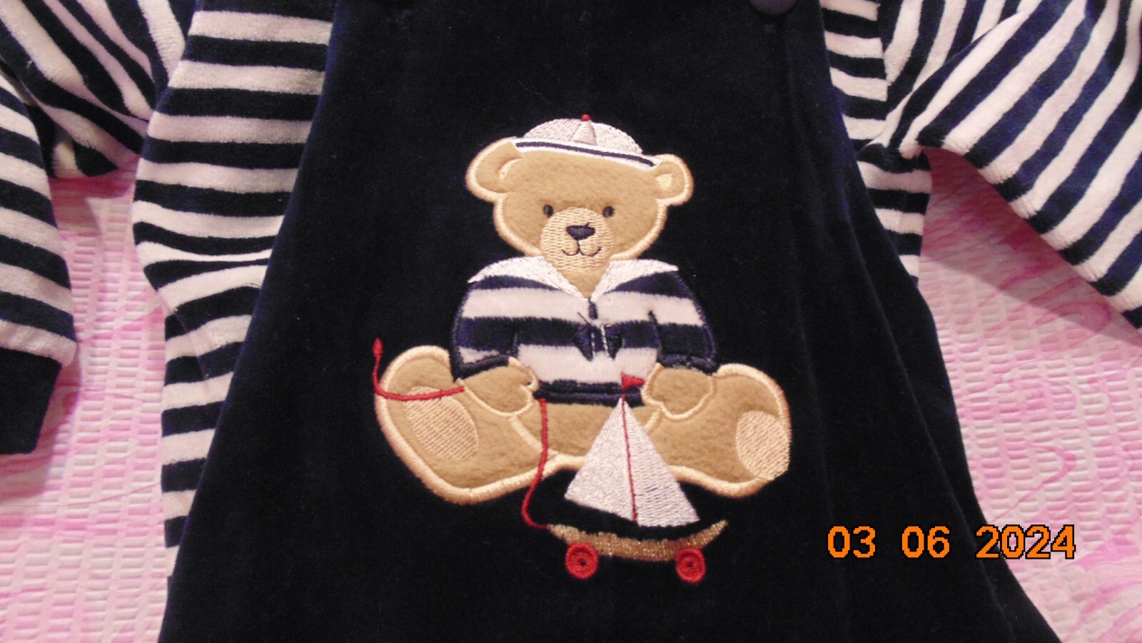 2 pc Boys Good Lad Apparel Navy Overalls w/Bear & Stripe Top Size 6-9 Months