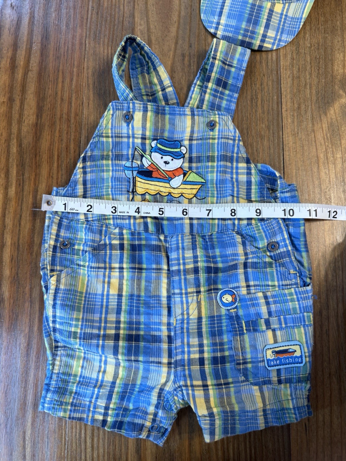 Vintage Cradle Togs Baby Boy Outfit Bear Fishing Plaid Overalls With Hat 3-6 Mo
