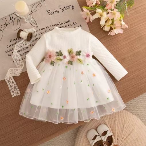 Premium Baby Girl Floral Embroidery Mesh Princess Dress–Long Sleeve| 12-18 Month