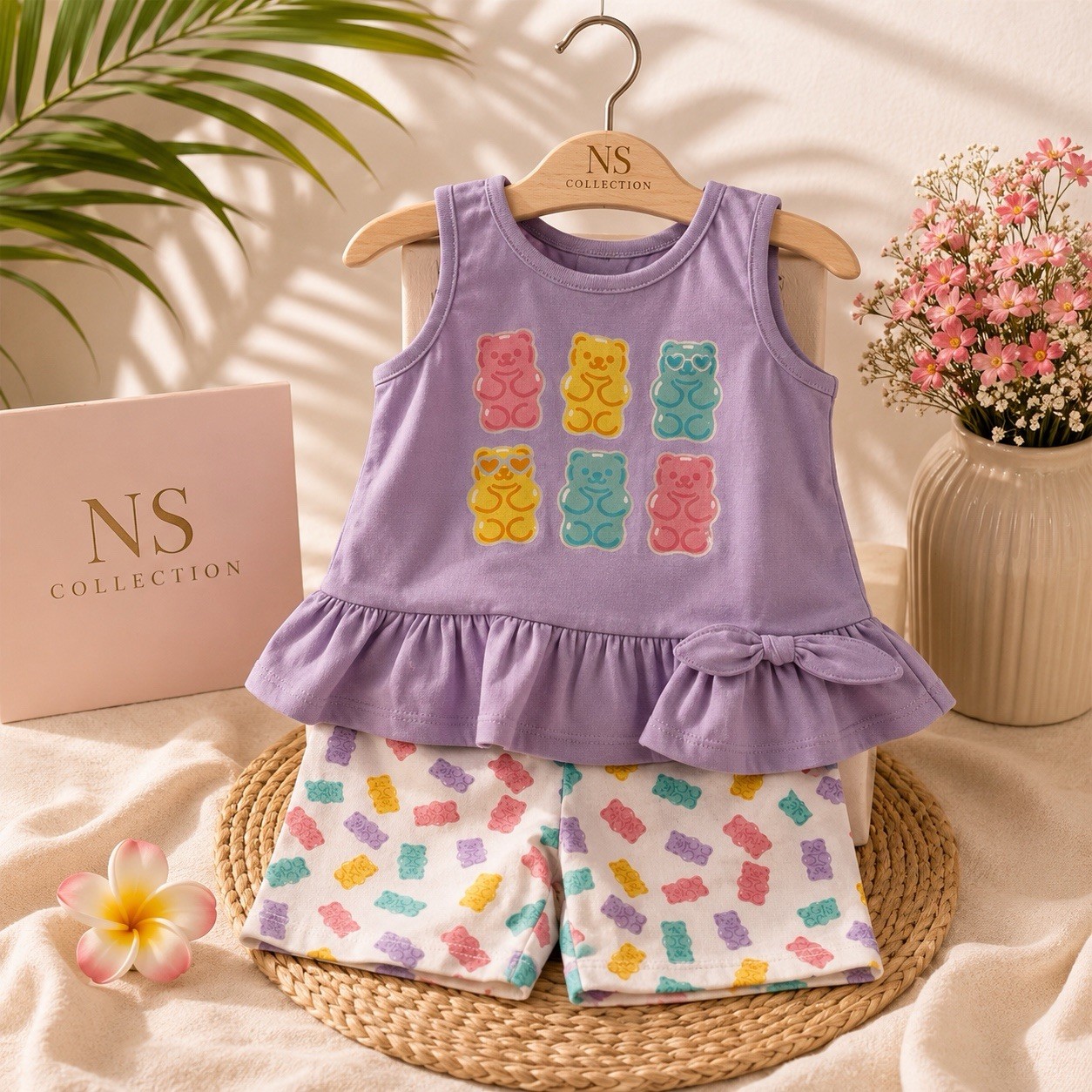 Girls 2 Piece Summer Outfit Bear Print Purple Sleeveless Top & Shorts Set