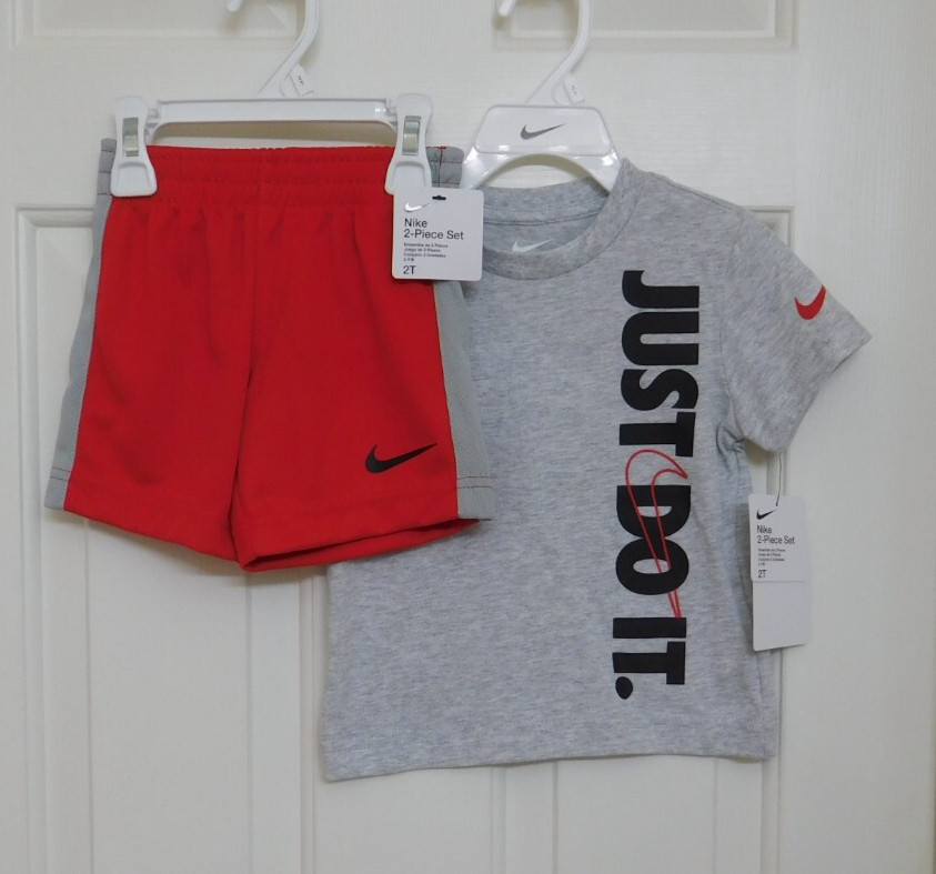 NWT 2pc Nike Gray Black Red Just Do It Shirt & Shorts Set sz 2t