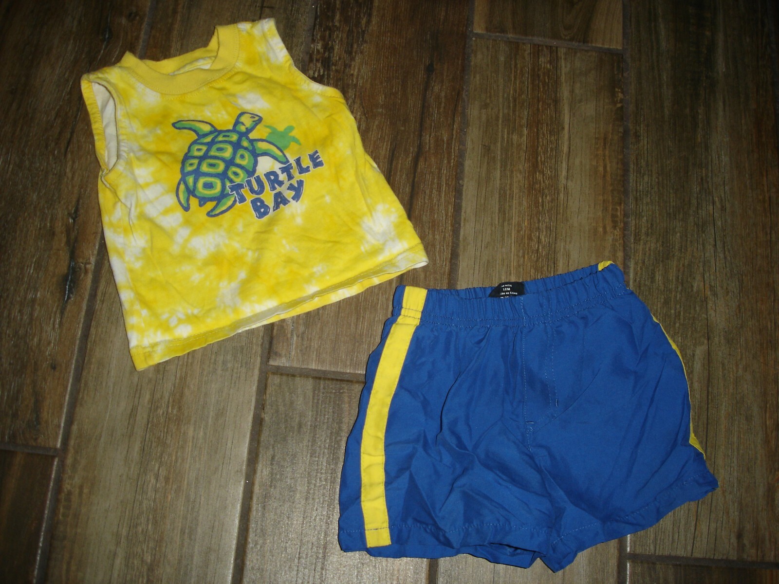 Turtle Bay yellow tank and blue shorts set boys 12m months Faded Glory