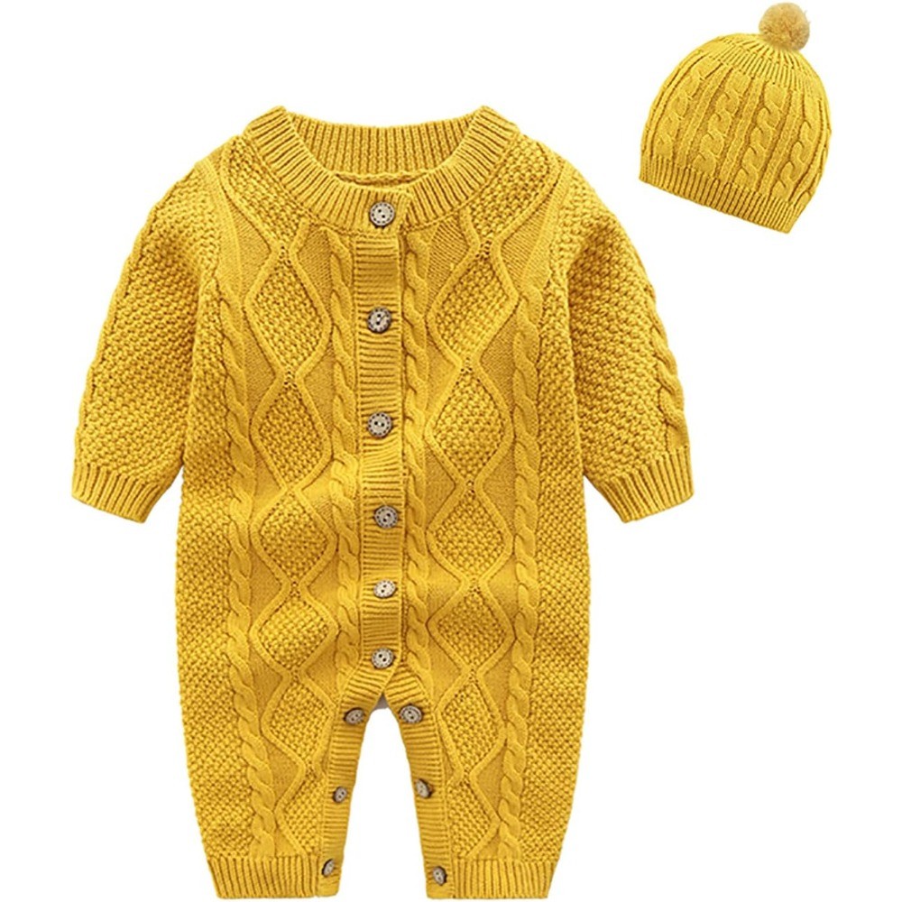 Baby Newborn Knitted Sweater Romper Cotton Longsleeve Outfit with Warm Hats Set