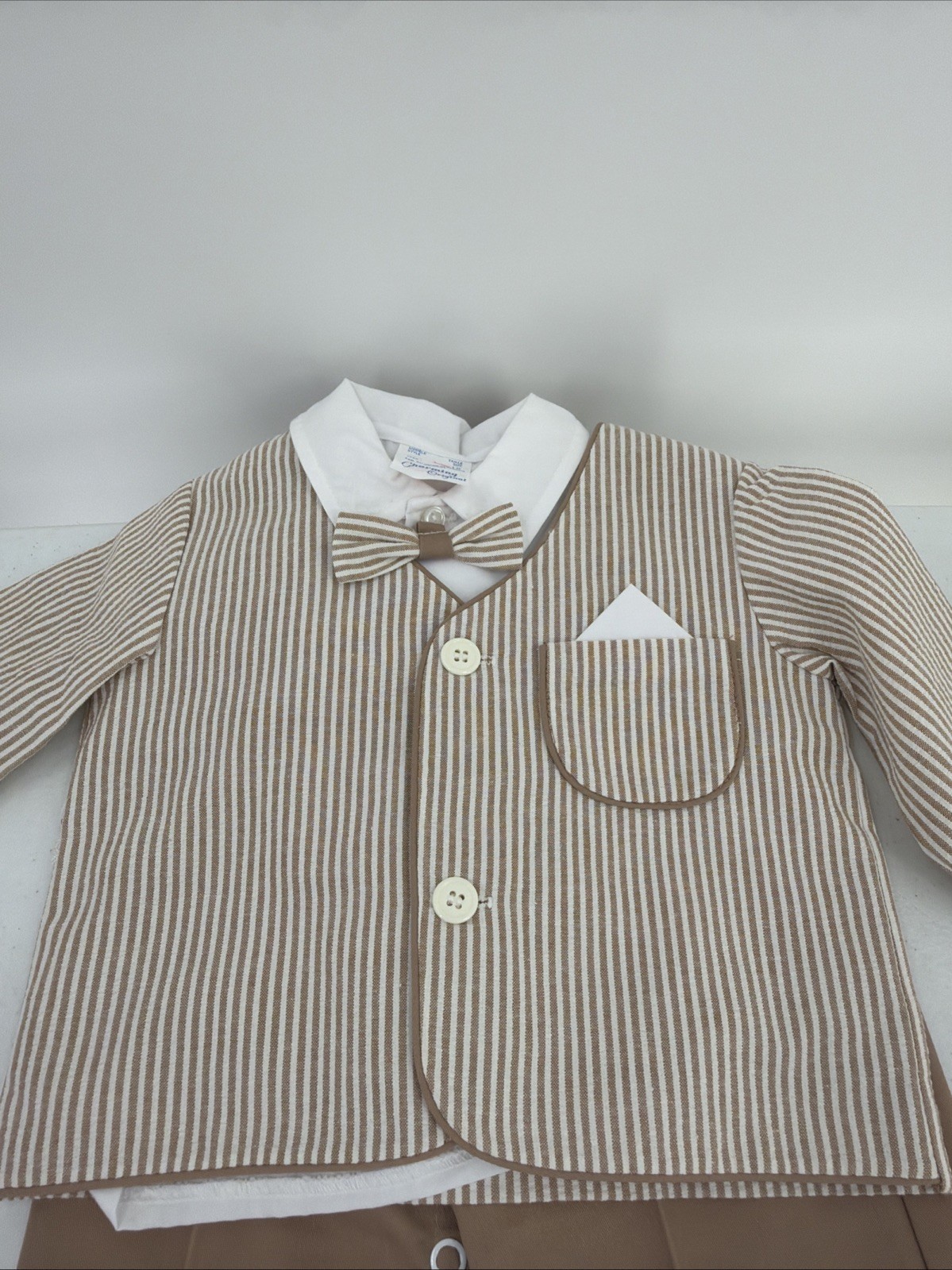 Vtg Charming Original Boys 18 Month Brown Suspender Pant Shirt Seersucker Jacket